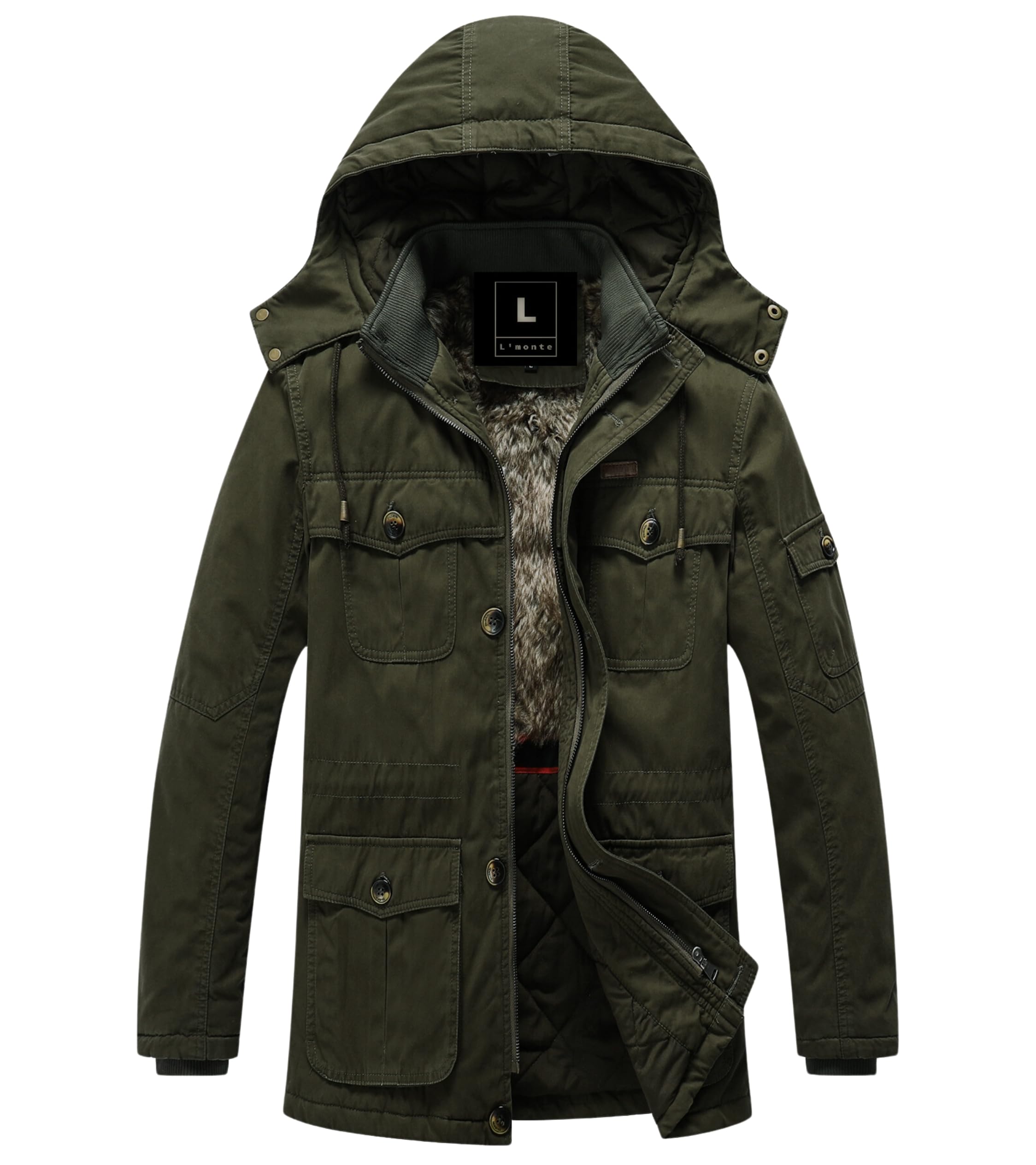 L'MONTE Men's Heavy-Duty Long Length Winter Jacket Cotton Outdoor Coat with Fleece Lining, Detachable Hood, and Multi-Pockets Warm, Windproof & Stylish for Cold Weather (3XL, Army Green)