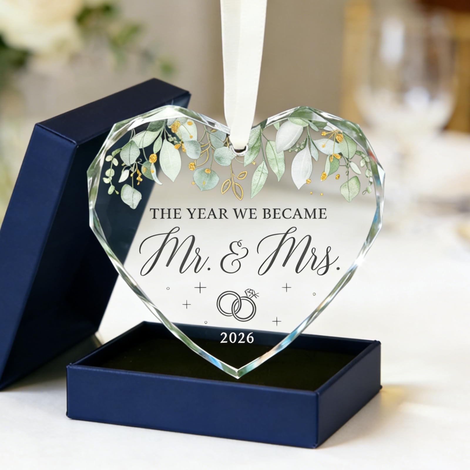 Wedding Gifts Heart Shaped Acrylic Hanging Ornament - Mr & Mrs Transparent Decor for Newlyweds, Anniversary Party Decoration (8x8cm) with Gift Box