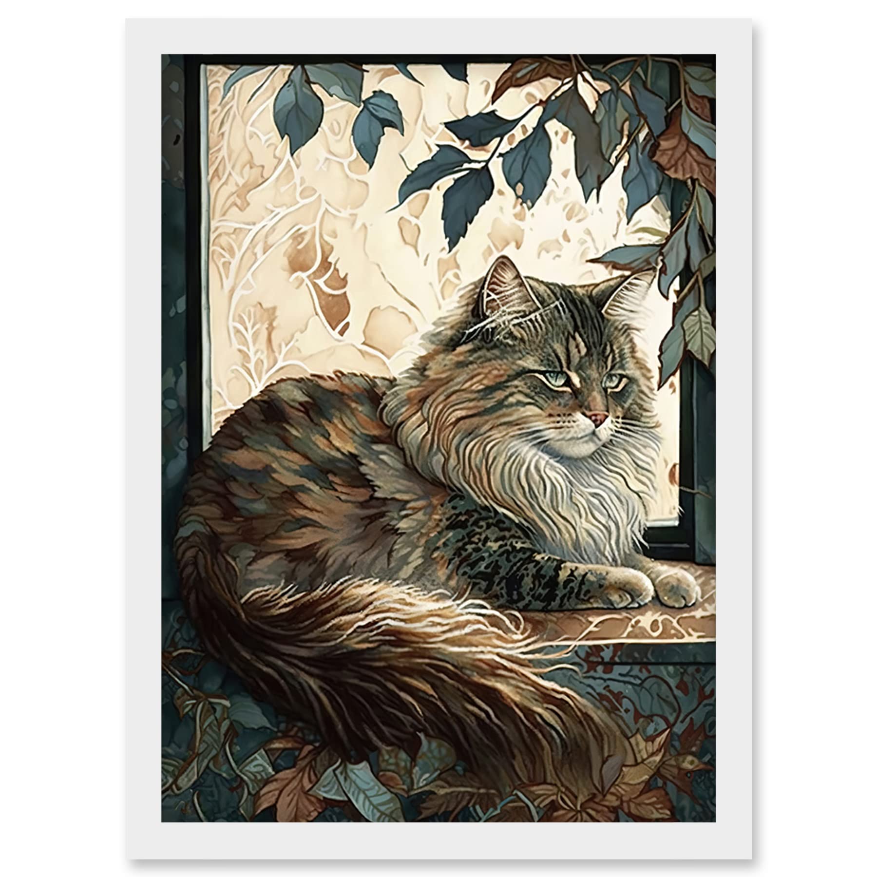 Artery8 Siberian Cat Perched on Window Sill in Autumn Modern Illustration Artwork Framed Wall Art Print A4