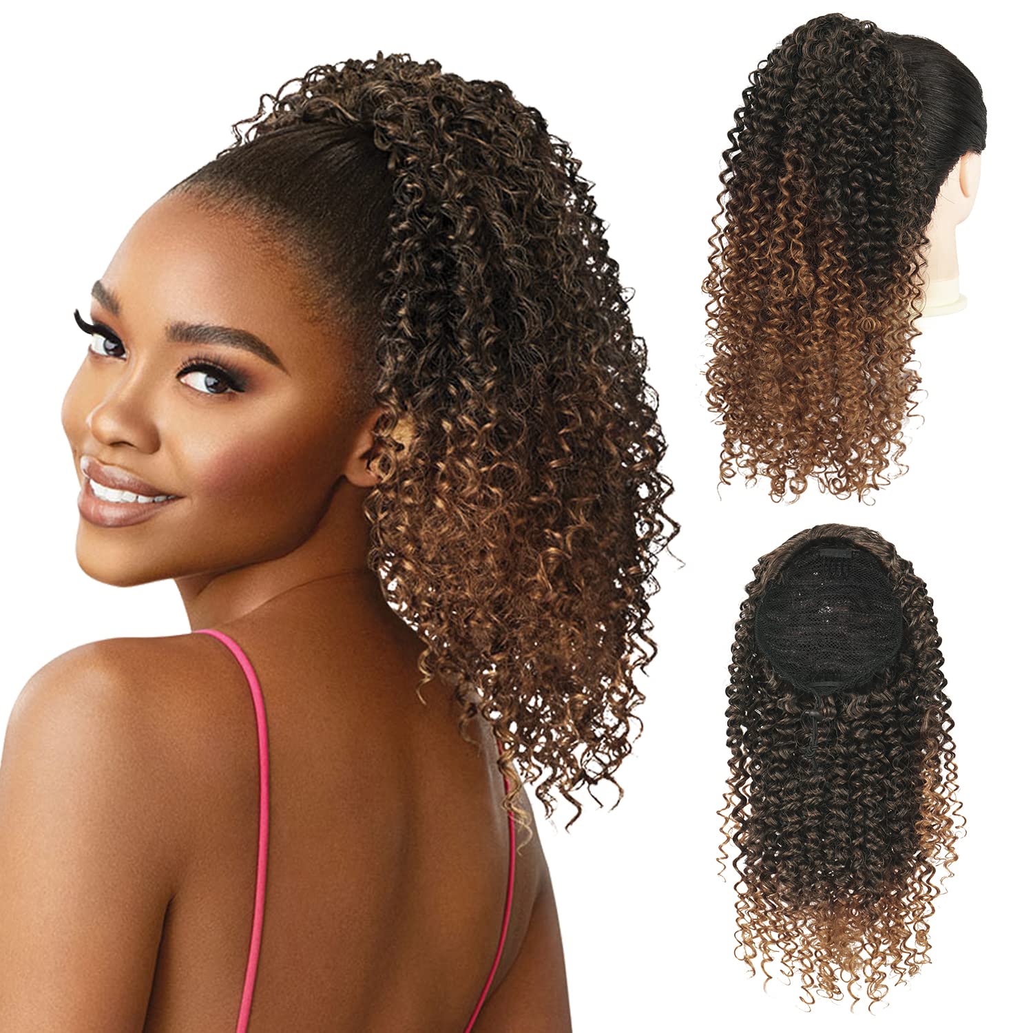 PEACOCO Drawstring Ponytail Afro Kinky Curly Ponytail for Black Women, 14 Inch Synthetic Hairpieces Clip in Jerry Curls Afro Puff Ponytail Extensions (T1B/30)