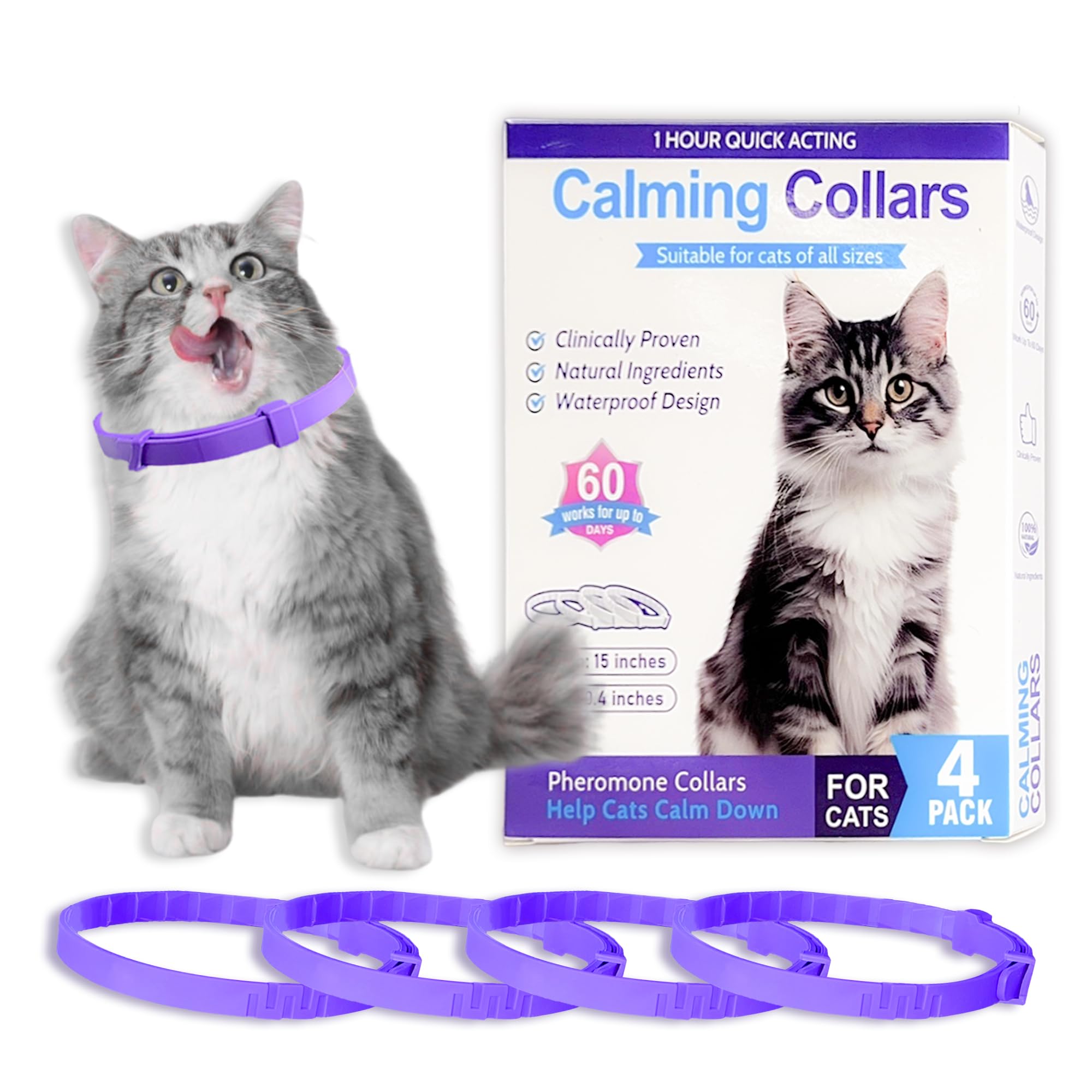 Simnice Calming Collar for Cats - 4 Pack, Cat Calming Collar, Adjustable Cat Pheromone Collars for Anxiety & Stress Relief, Efficient and Comfort (Purple)