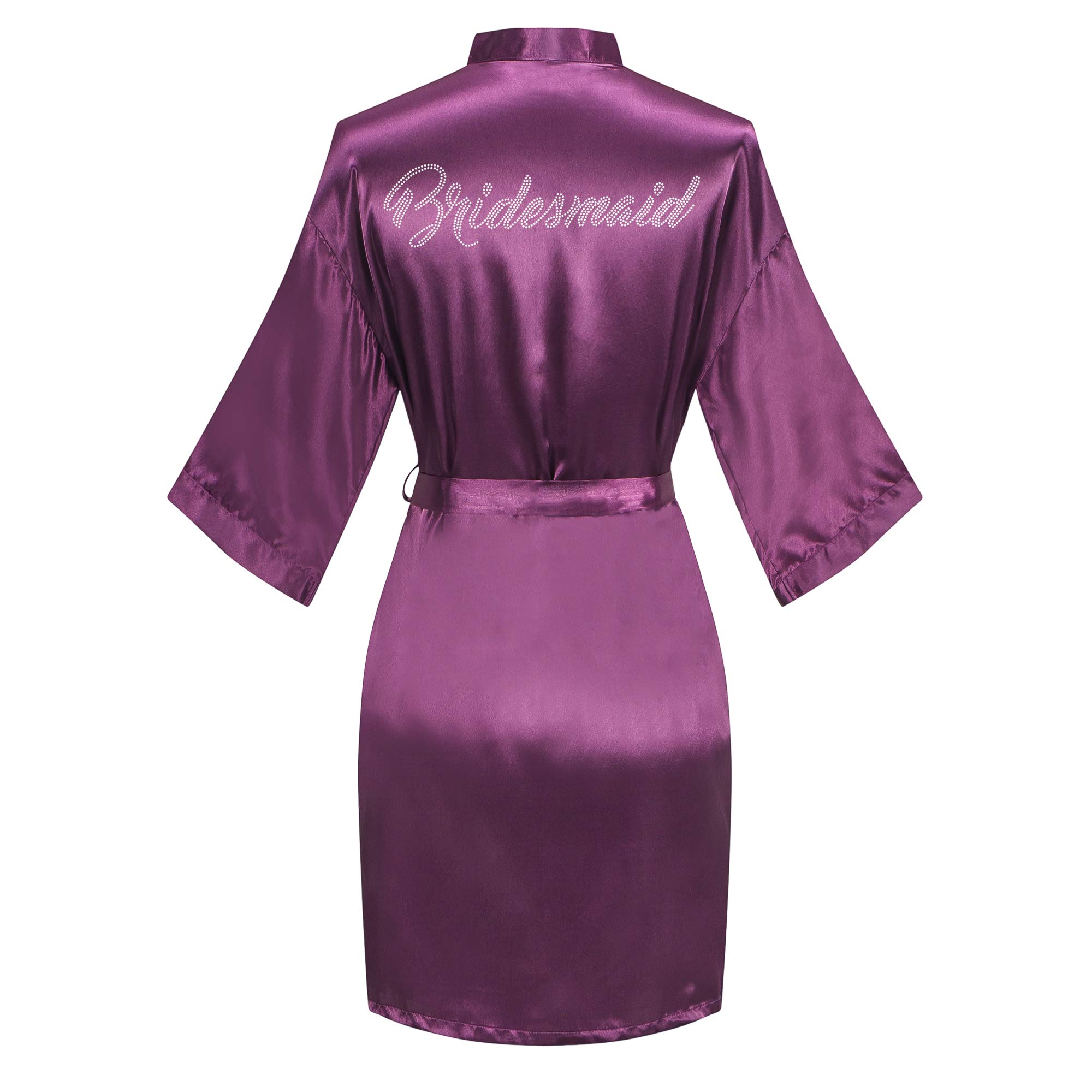 Women's Satin Robe Short Kimono for Bride &amp; Bridesmaid with Silver Rhinestones, Wedding Party Robes