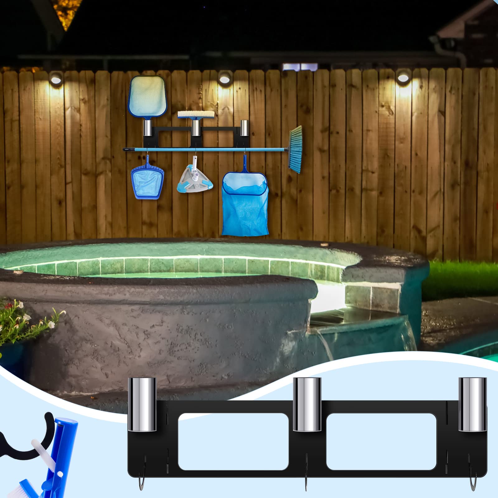 Deekin 2 Pack Swimming Pool Maintenance Tool Organizer Rack 28 x 8 x 2 Inch Rustproof Black Weatherproof Pool Equipment Enclosure Pool Equipment Hooks for Cleaning Storage Tools