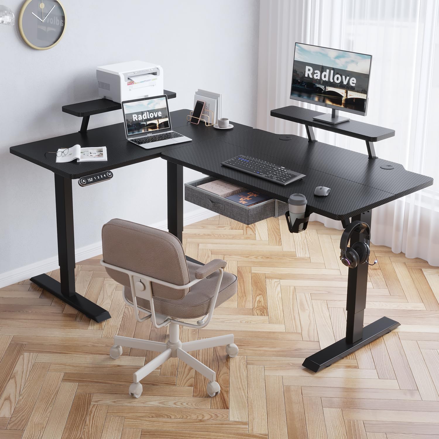 Photo 1 of Radlove 63-Inch Large Electric Height Adjustable Computer L-Shaped Desk with Memory Controller Corner Standing Desk Modern Workstation with Splice Board Ergonomic Desk (Black Frame + Black Top)