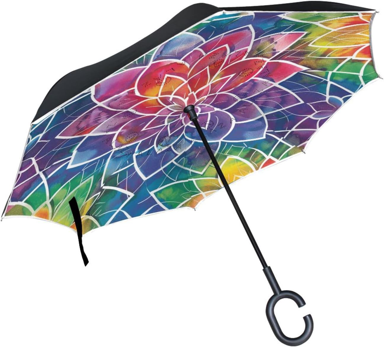 Watercolor Mandala Inverted Umbrellas for Rain Windproof Reverse Upside Down Golf Umbrella with C-shape Handle for Men Women