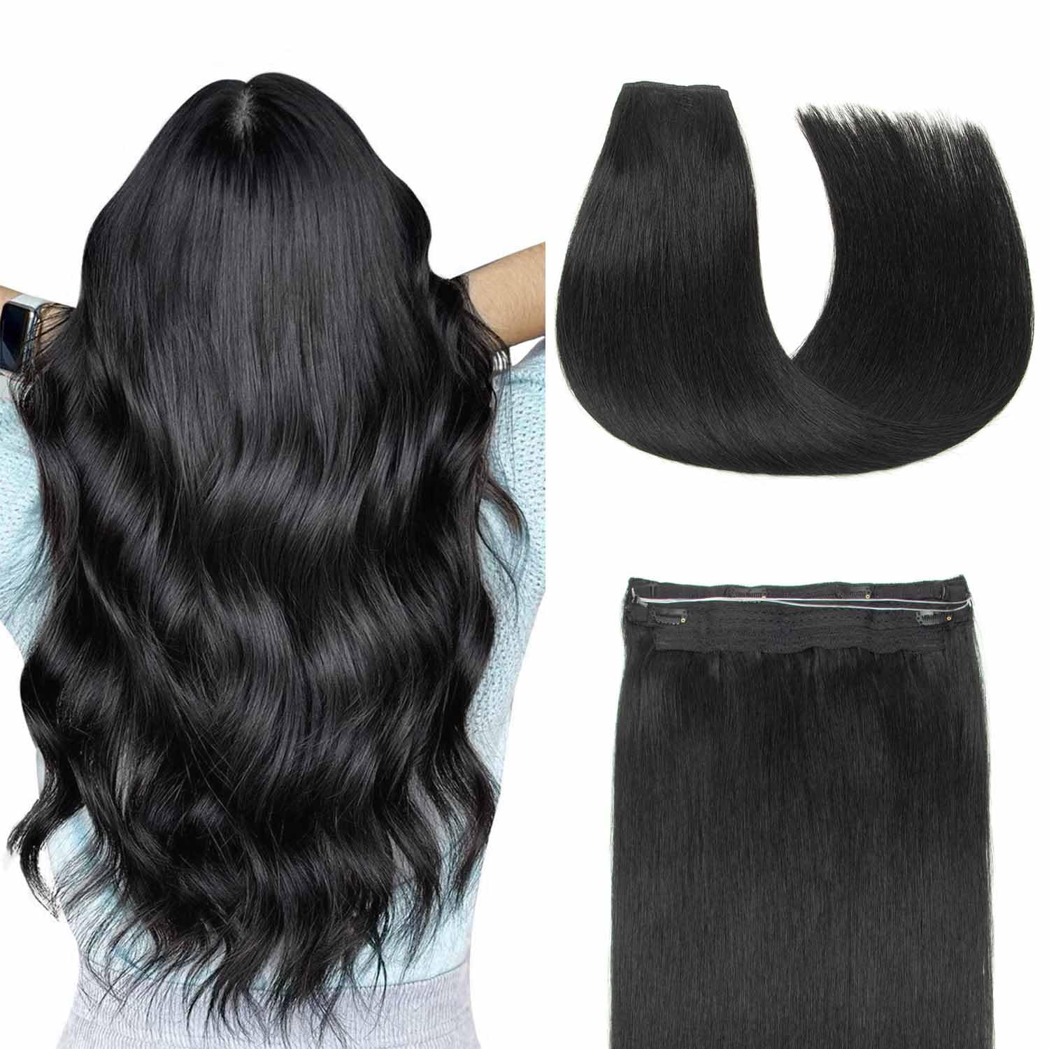 AGMITY Human Hair Wire Hair Extensions Jet Black 60g invisible Removable Thick Straight Fishing Line Layered Natural Hairpiece Human Hair Extensions(12 Inch #1 Jet Black)