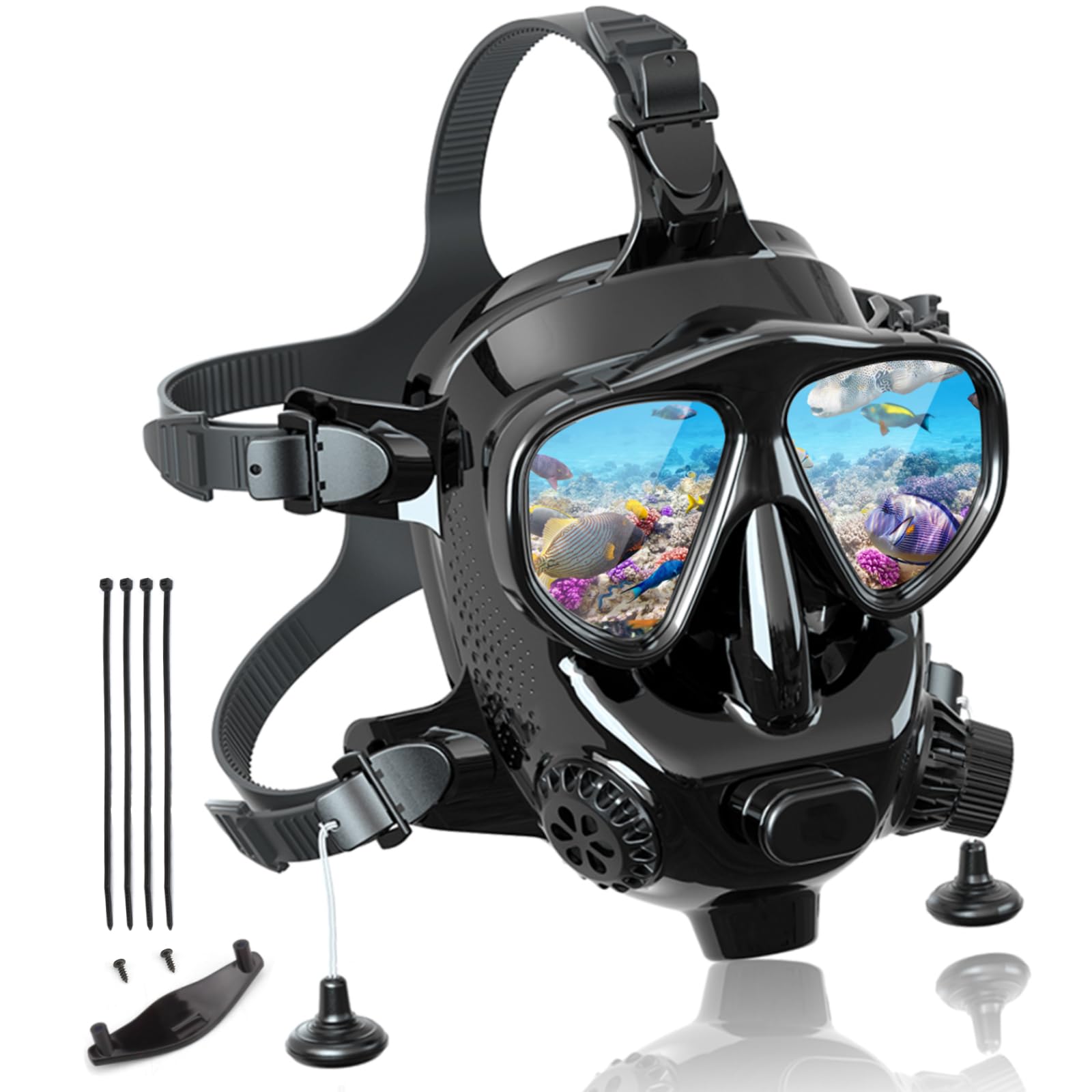 Máscara de buceo para adultos, cara completa con soporte para cámara, máscara de buceo ajustable MODJUEGO 180°, vista panorámica para adultos, antivaho, antifugas, juego superior seco