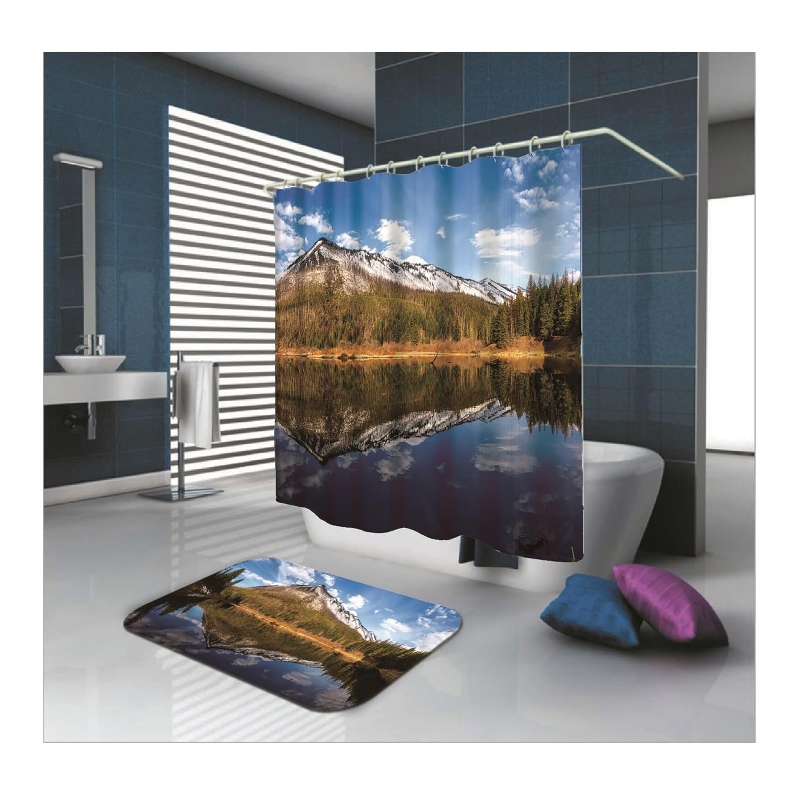 Rideau de douche bleu salle de bain 165 x 200 cm polyester lavable avec anneaux