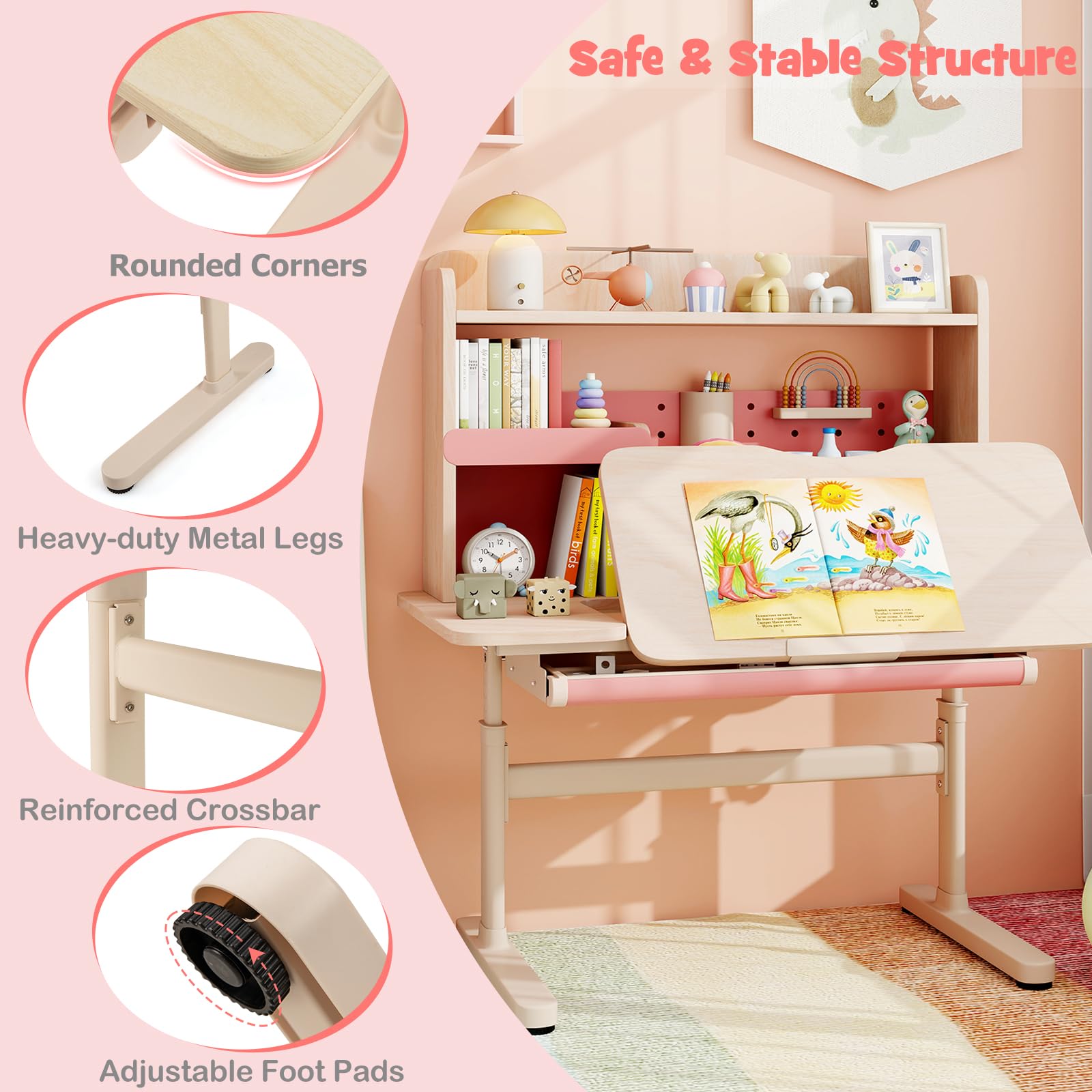 LIFEZEAL Scrivania Bambini 3-12 Anni, Banco Scuola, 100x60cm, Ergonomico, Altezza Regolabile, Piano Inclinabile, con Libreria, Leggio per Libri, Cassetto, Tavolino da Studio, per Cameretta (rosa)