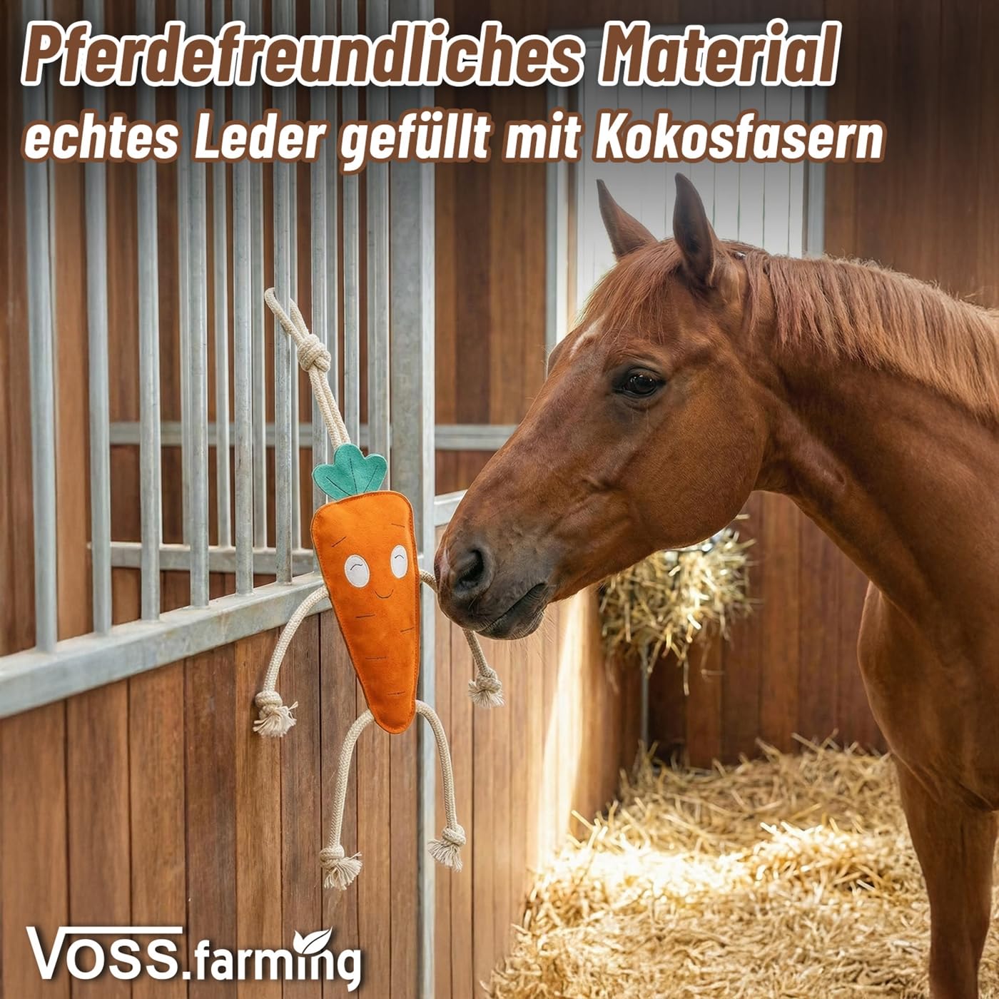 VOSS.farming 3X Pferdespielzeug Karotte 47cm aus Leder mit Knistergeräusch und Kokosfüllung