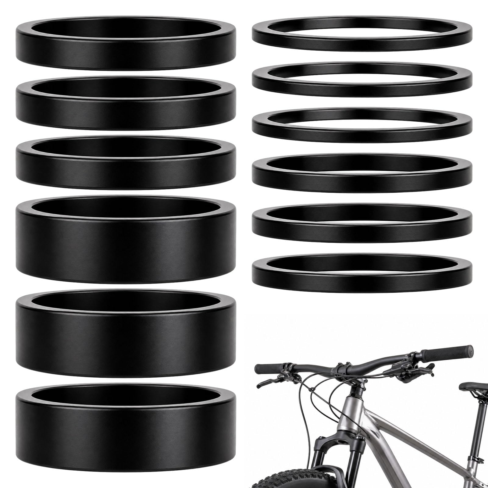 YUNEEA 12Pcs Aluminium Bike Headset Spacers 1-1/8", 4 Sizes Bicycle Headset Spacer,Aluminum Alloy Bike Headset for MTB Road Bikes, 1-1/8 Inch Lightweight for MTB Road Bike Handlebar Adjustment