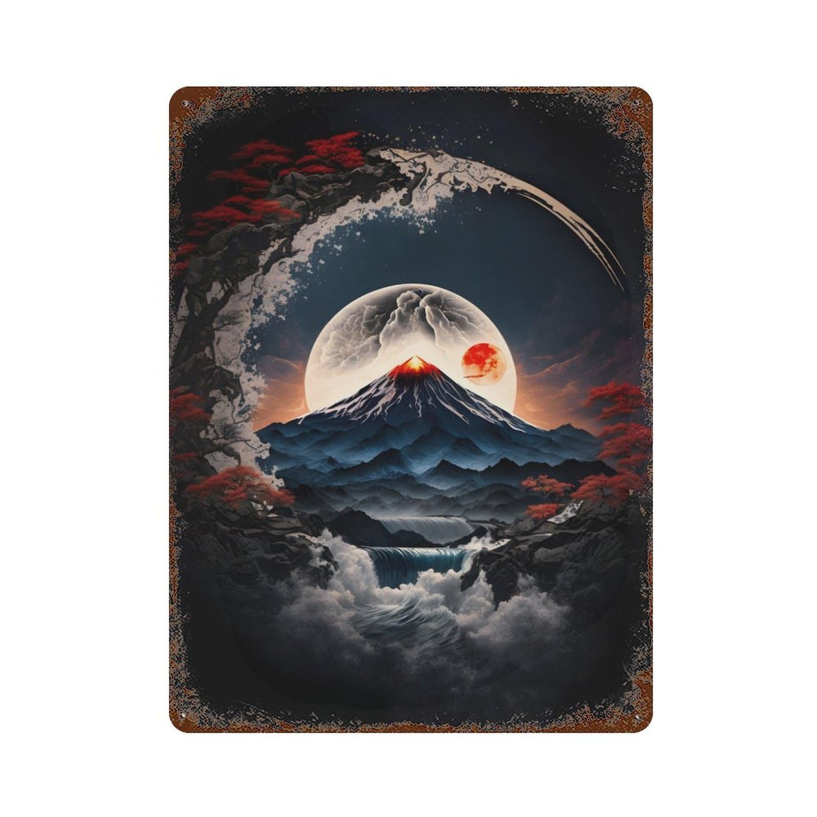 Moonlight Mt Fuji Decorative Tin Sign 15.7"x11.8", Retro Wall Decor for Living Room, Hallway And Home Decor