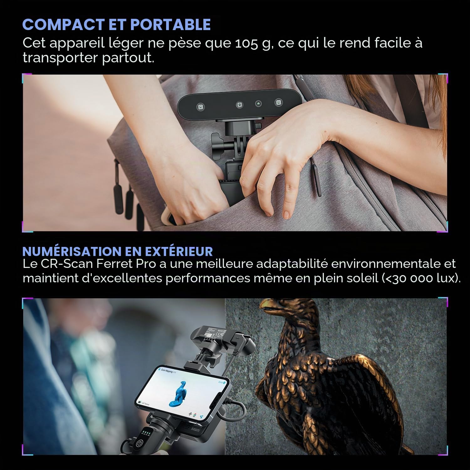 Creality CR-Scan Ferret Pro Scanner 3D portable pour imprimante 3D, modélisation d'impression 3D, précision 0,1 mm, numérisation couleur 24 bits, anti-shake, WiFi 6, pour Android IOS Phone PC Mac Win