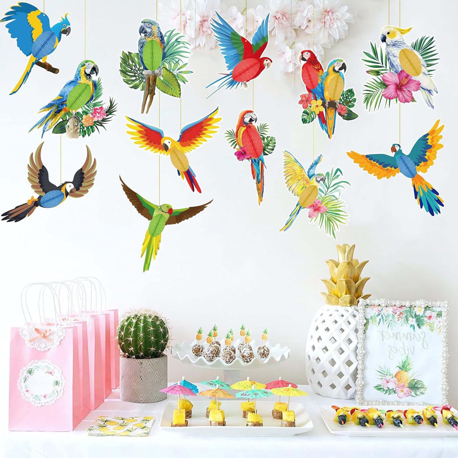 WUBAYI Paquete de 9 recortes de panal de abeja tropical 3D, accesorios colgantes de fiesta hawaiana para decoración de playa Luau, aula de safari y temática de selva