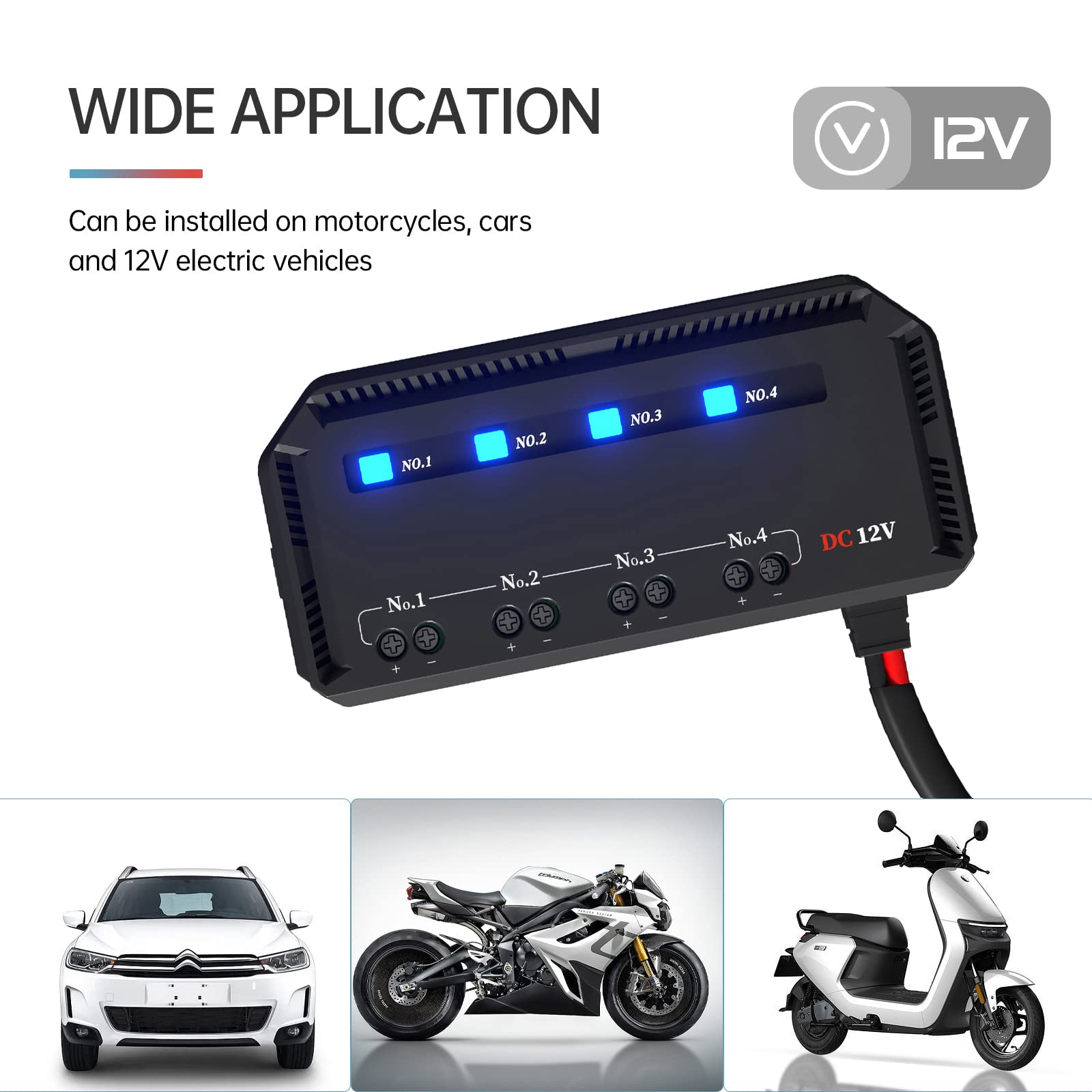 Boîte à fusibles 4 voies 12 V 20 A étanche avec indicateur LED - Noir - Automatique - RELAY - Cuivre - Normalement ouvert - Montage à vis - IP67 - Boîte à fusibles pour véhicules