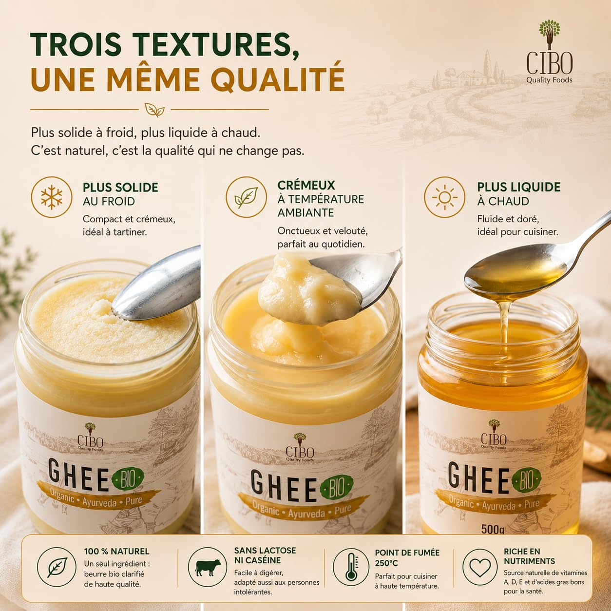 Cibo Ghee Bio 500g - Lait de Parme et Reggio Emilia - Fabriqué en Italie - Vaches de Pâturage - Point de Fumée 250°C - Issu de Crème Centrifugée