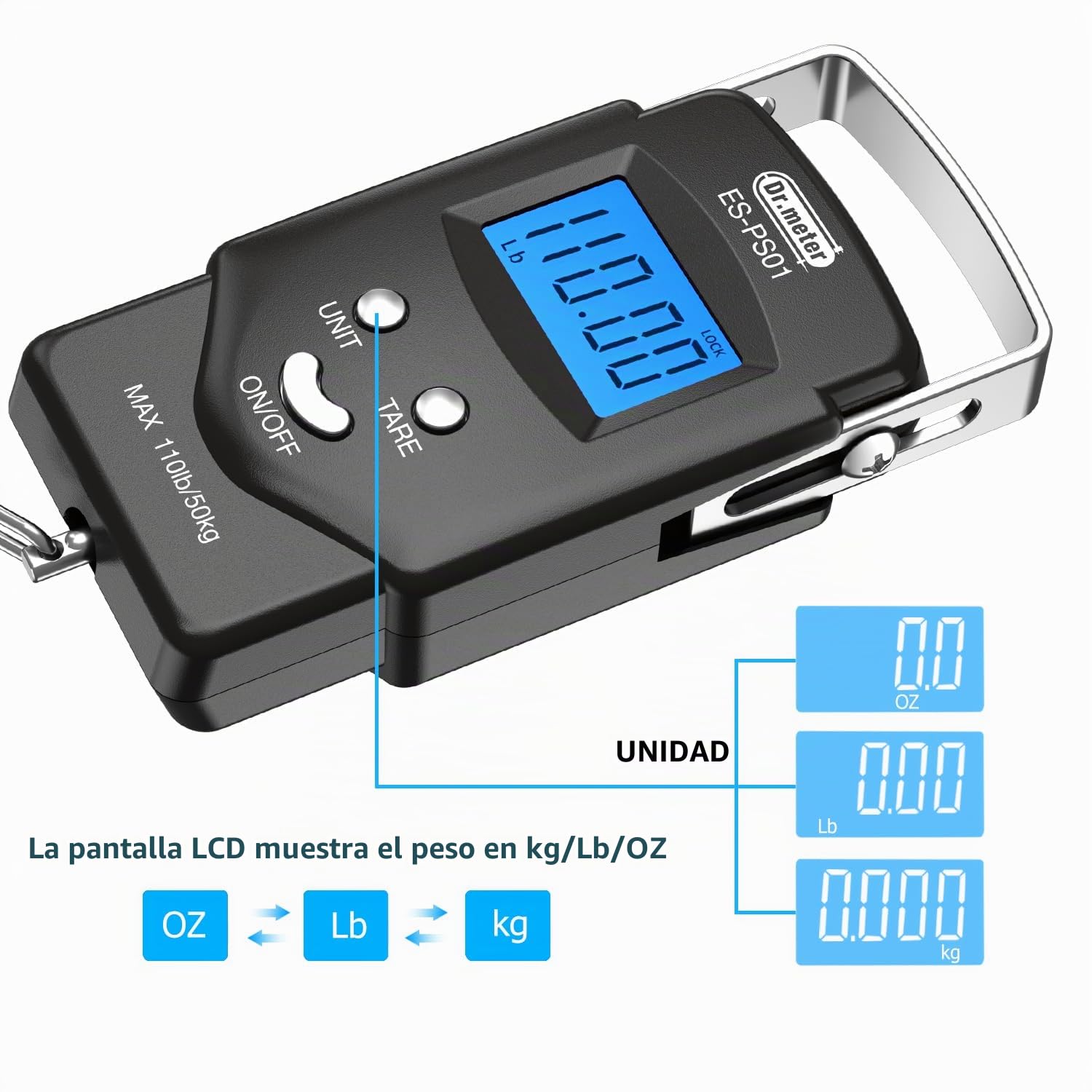Bascula pesca, Dr.meter pesa maletas, bascula maletas, Electrónico Digital con Pantalla LCD Retroiluminado 110 Libras / 50kg con Cinta Métrica, 2 Pilas AAA Incluidas