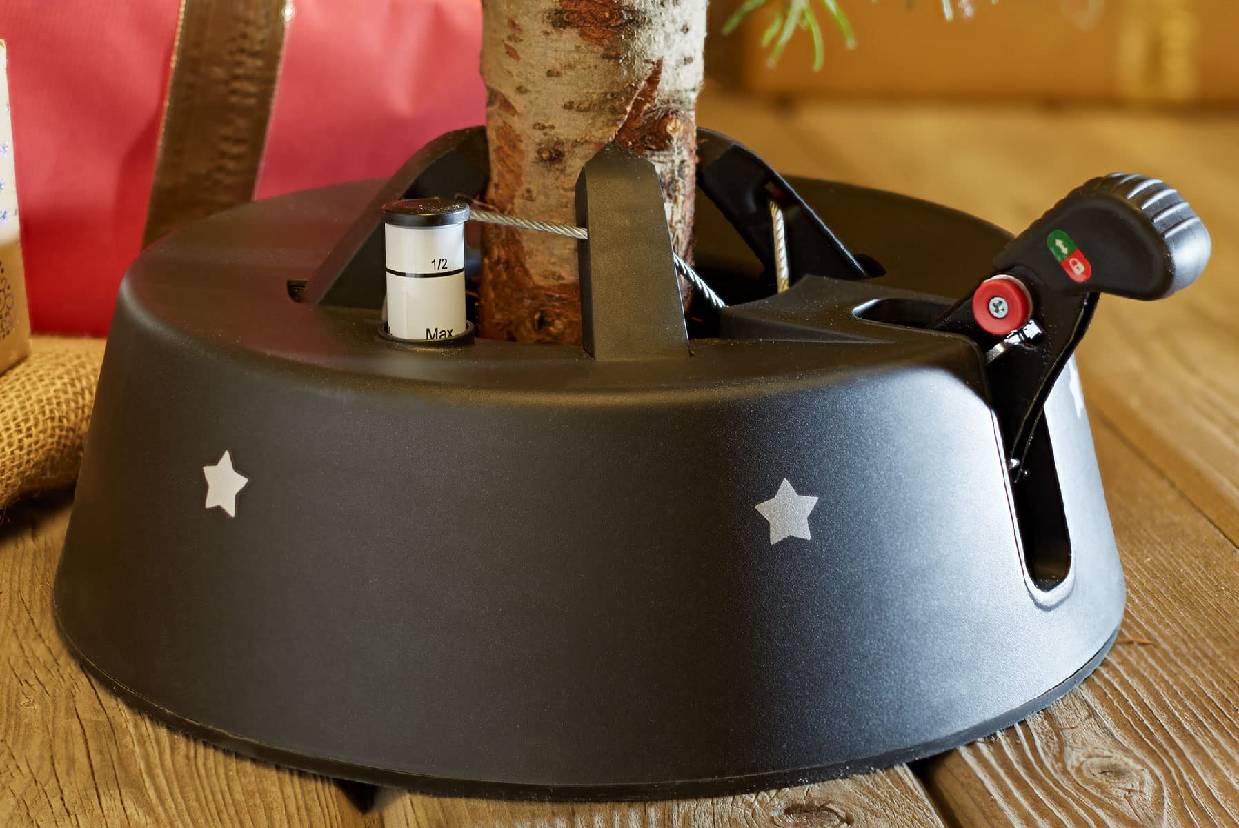 Gartenpirat Christbaumständer Schwarz Pure – Christbaumkreuz – Tannenbaumständer Wasser für Christbaum Höhe bis 2,3 m – Mit moderner Seiltechnik und Fußhebel