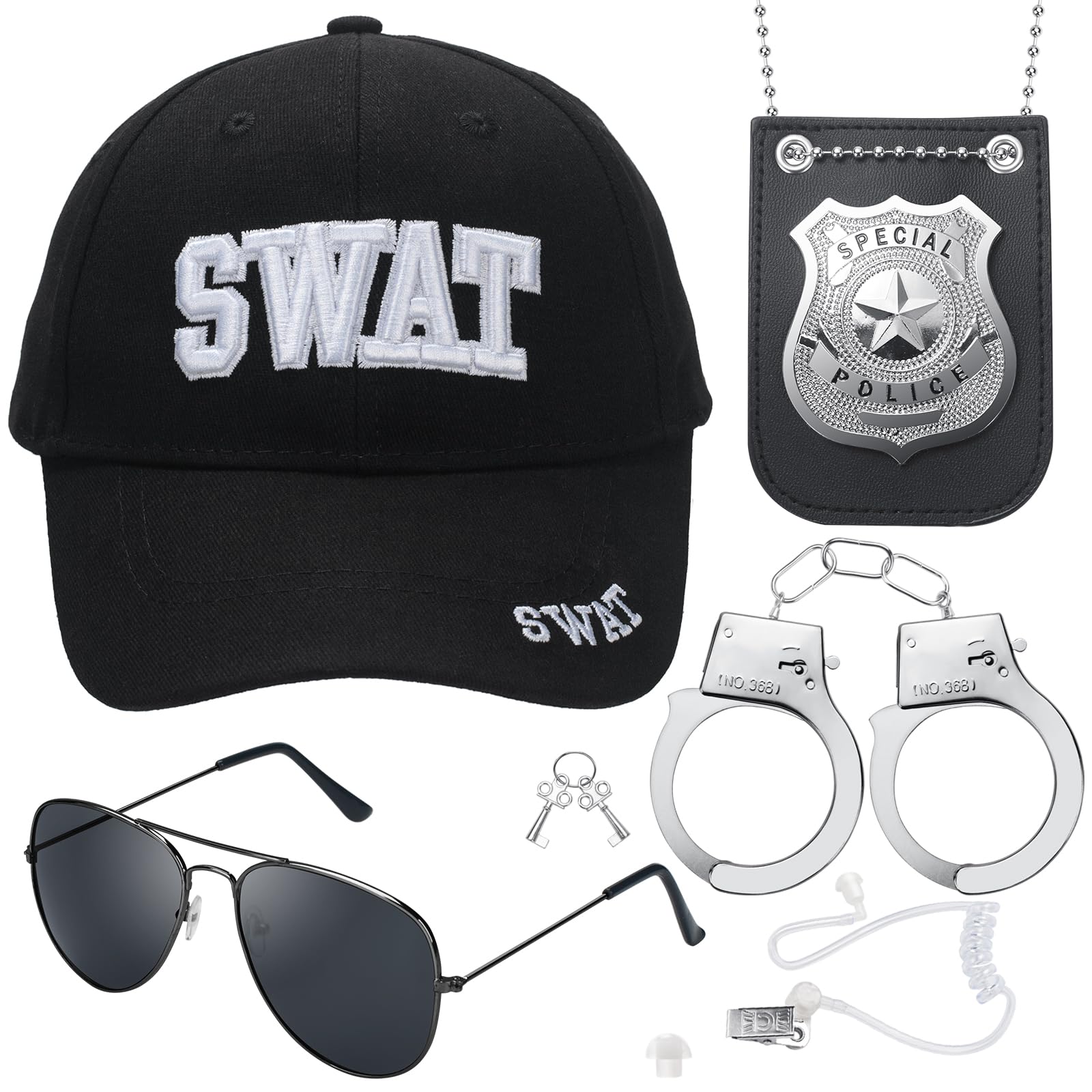 Police Hat, FBI Adjustable Baseball Cap with Cop Badge, Halloween Secret Service Costume Earpiece for Adult Men Women