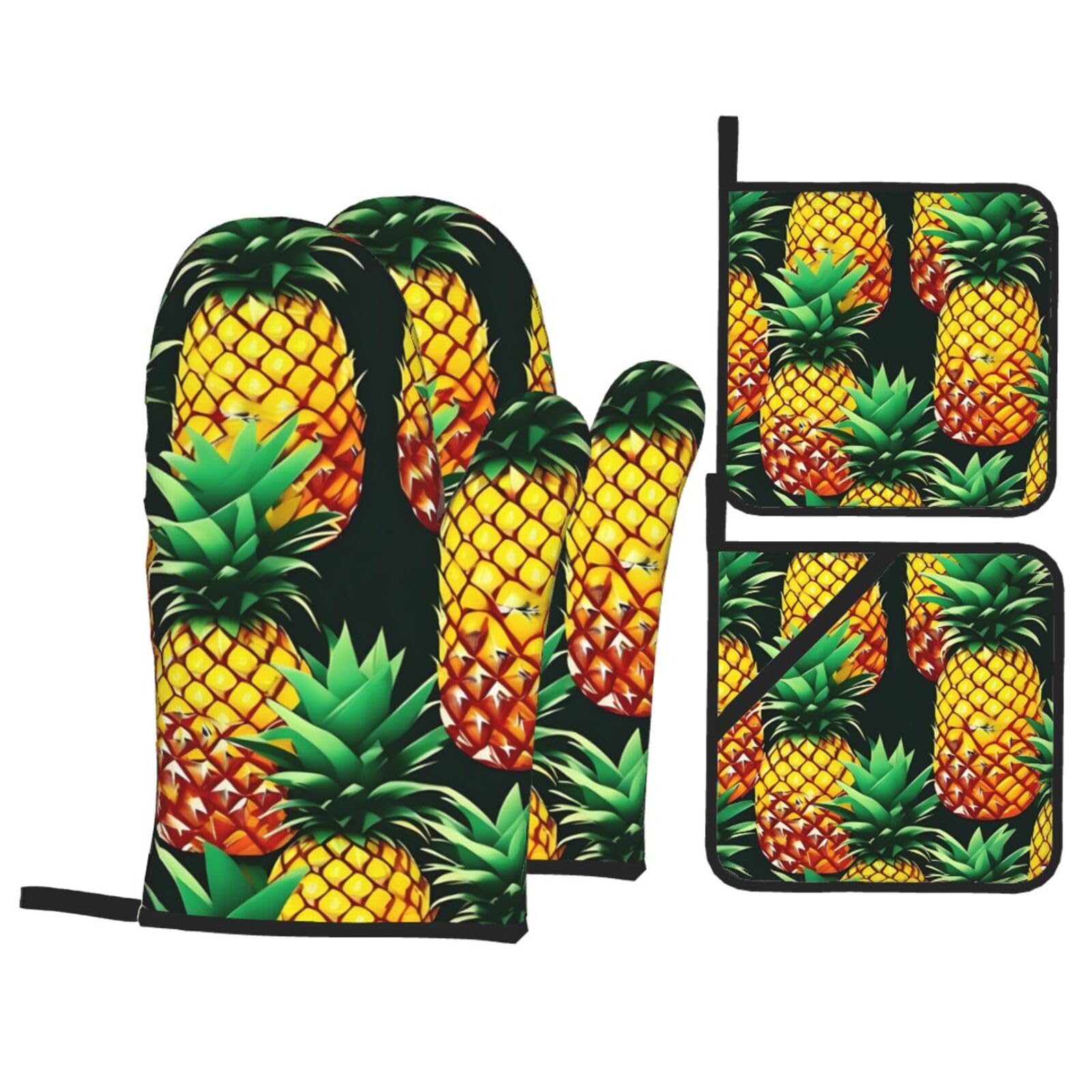 Tropical Fruit Pineapples Print 4-Piece Oven Microwaving Set Kitchen Gloves for Holiday Cooking Baking Grilling