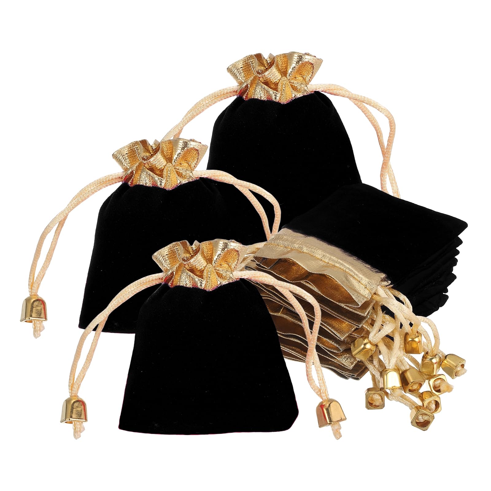 PATIKIL Velvet Drawstring Bags (9cm x 7cm, Black) (25 Pcs), Gold Trim Velvet Drawstring Jewelry Pouches with Bead, Suit For- Jewelry/Wedding/Candy/Birthday/Christmas/Gift