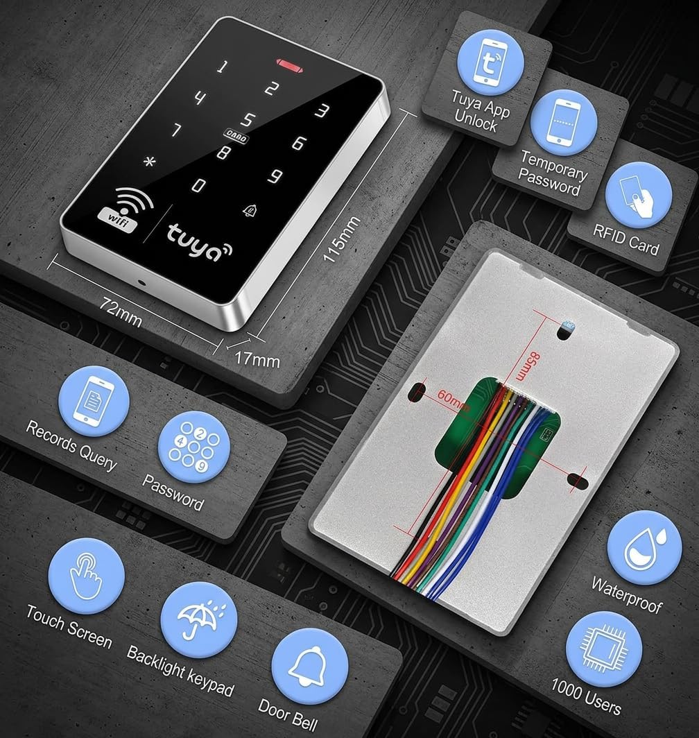 Tuya APP Kit de contrôle d'accès RFID double fréquence IP68 étanche, Wiegand 26/34, lecteur de carte 13,56 MHz + 125 kHz, rétroéclairage bleu, adapté pour le contrôle d'accès résidentiel et commercial