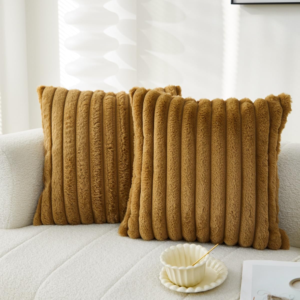 Sunday Praise Pack of 2,Double-Sided Faux Fur Plush Decorative Throw Pillow Covers 18x18 Inch Soft Fluffy Striped Couch Pillow Cases for Sofa Bed Home Décor Khaki