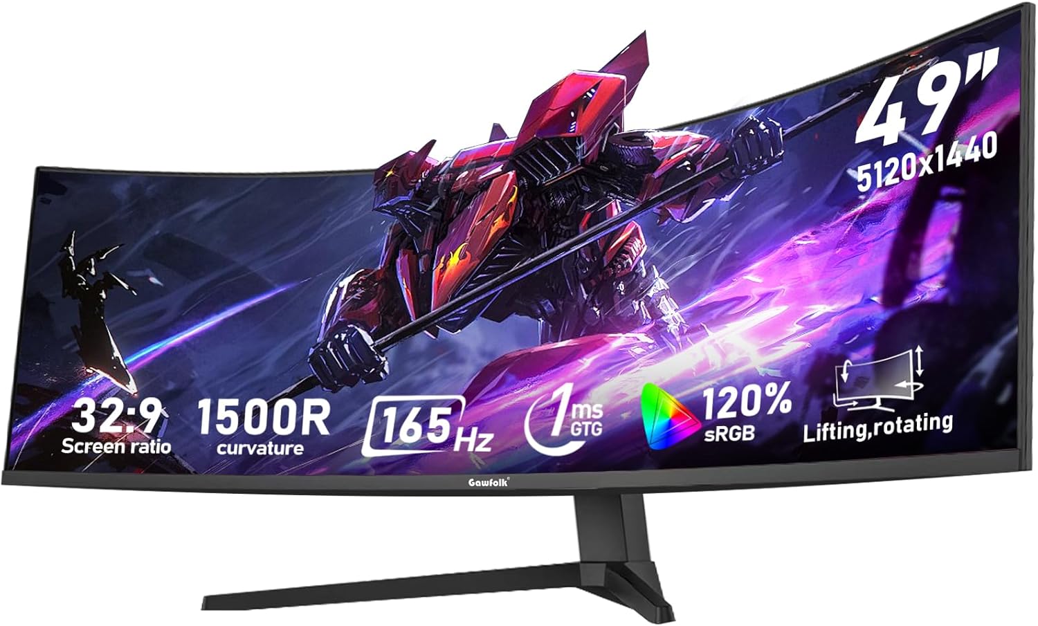 Gawfolk 49 inch Ultra-Wide Curved 1500R Gaming Computer Monitor, DQHD(5120×1440), 165Hz, 1MS, FreeSync, 120% sRGB, Height Adjustable PC Screen, HDMI2.1 & DP1.4, Compatible Wall Mount 75 * 75mm- Black