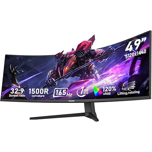 Gawfolk 49 inch Ultra-Wide Curved 1500R Gaming Computer Monitor, DQHD(5120×1440), 165Hz, 1MS, FreeSync, 120% sRGB, Height Adjustable PC Screen, HDMI2.1 & DP1.4, Compatible Wall Mount 100*100mm- Black