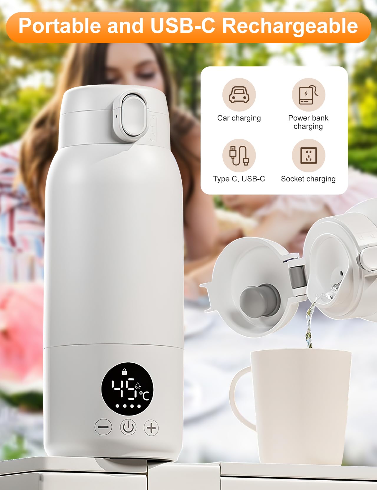 Chauffe-biberon pour Bébé, 500ml Chauffe-biberon Portable | Réchauffe L'eau ou le Lait, Avec Câble USB & Brosse de Nettoyage pour les Voyages Alimentation Nocturne