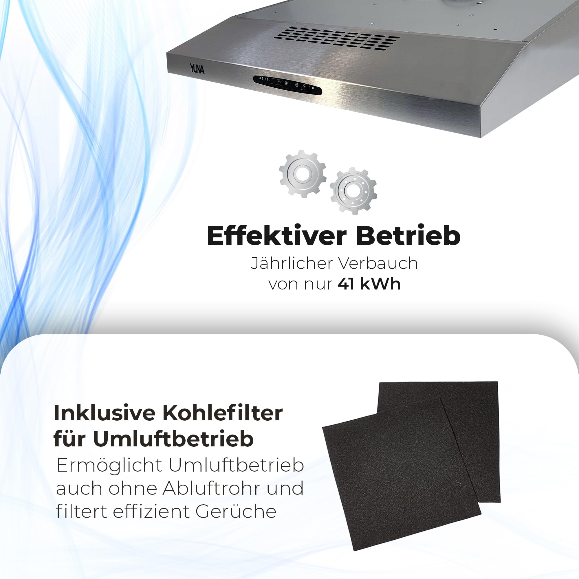 YUNA Dunstabzugshaube Mila KUBH 60205 Edelstahl 60 cm Unterbauhaube Abluft Umluftbetrieb 82W LED