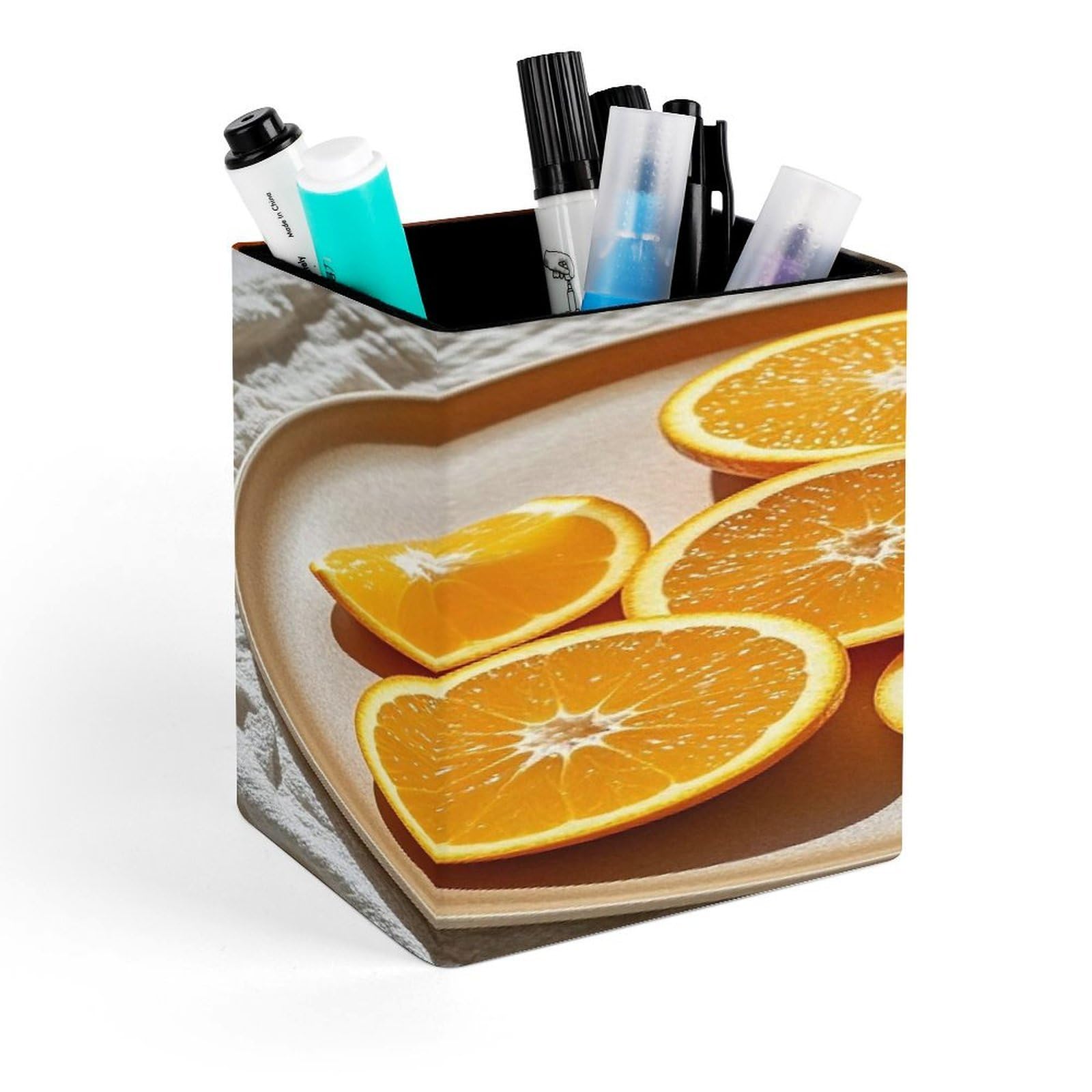 FekiLoot Orange Slices Pencil Holder for Desk Square Leather Pen Holder Cup Desktop Organizer Multi-Functional Pencil Cup Holders Modern Decorative Desk Organizer Caddy Makeup Brush Holders