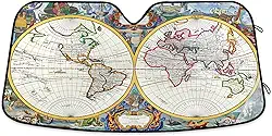 Qilmy Para-brisa de carro, protetor de viseira dobrável com mapa do mundo retrô, mantém fresco, bloqueia raios UV e acessórios para proteger carros, SUVs, caminhões-(M) 2147