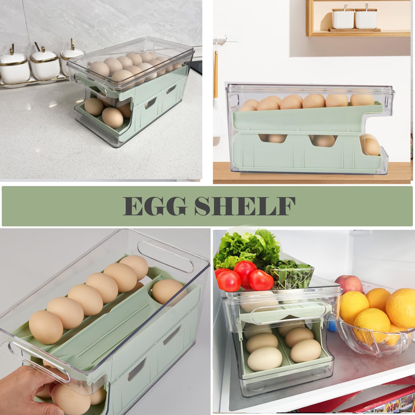 ZSTEA Rolling Egg Holder For Refrigerator,Eggs 24 Count Organizer for Refrigerator,Egg Storage Container Dispenser For Refrigerator,Deviled Egg Containers With Lid,Clear Plastic Egg Tray for fridge