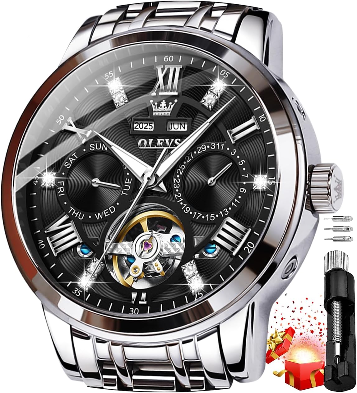 OLEVS Mens Automatic Watches Gold Skeleton Tourbillon Self