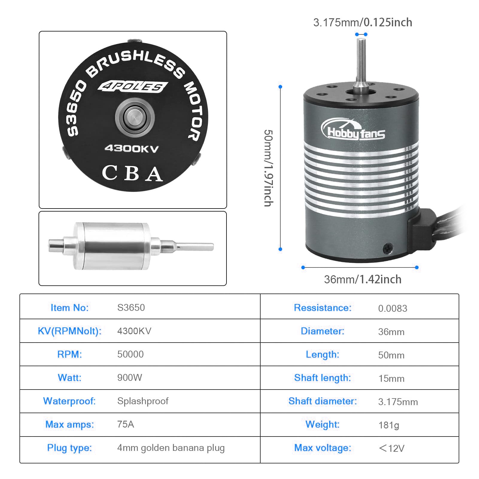 Hobby Fans Waterproof S3650 4300KV Brushless Motor 3.175mm Shaft with 60A Brushless ESC Electric Speed Controller Combo Set with Heatsink and Programming Card for 1/10 Remote Control Car Truck, Black