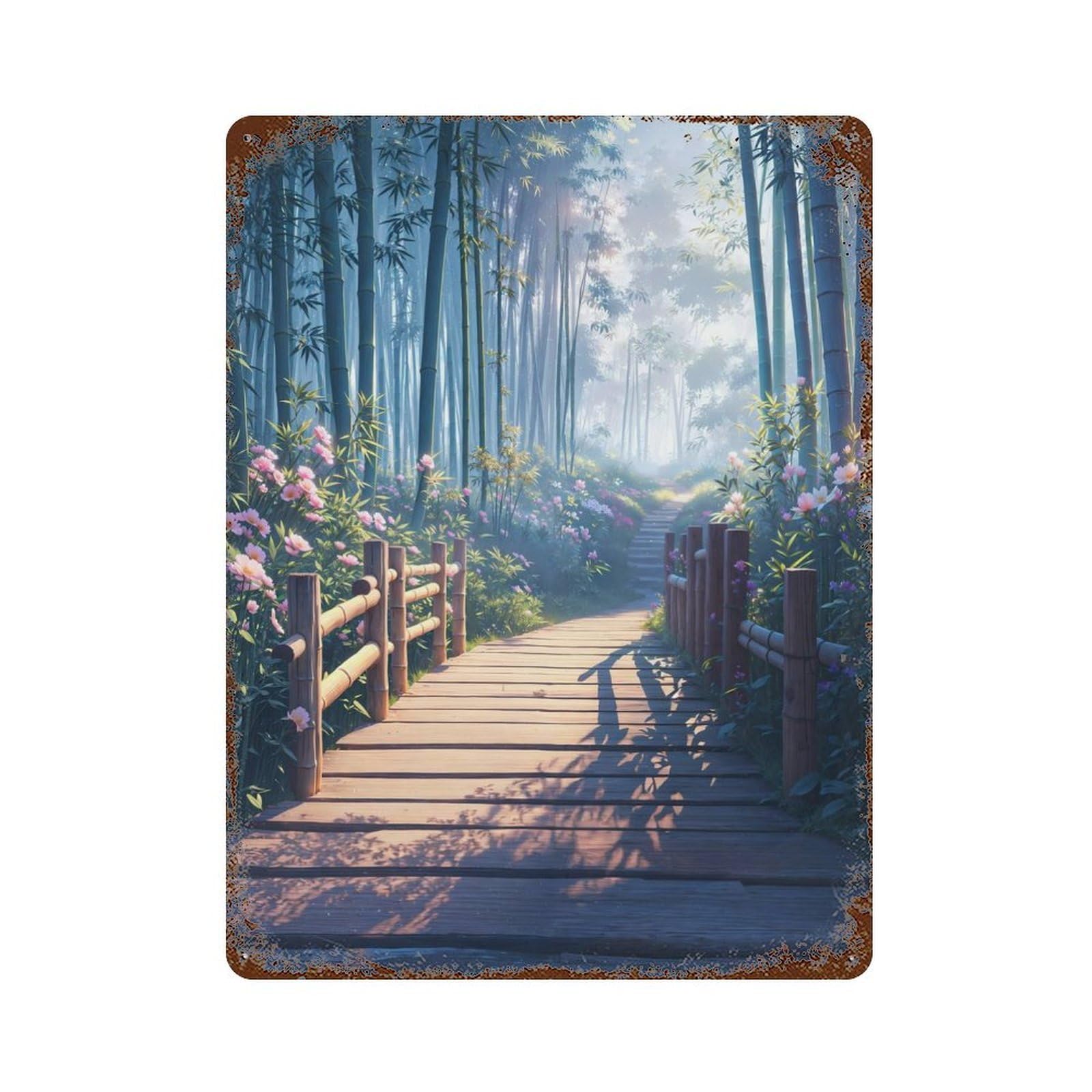 Distressed Metal Wall Sign with Bamboo Forest Design 15.7"x11.8", for Living Room, Hallway And Home Decor, Vintage Wall Decor