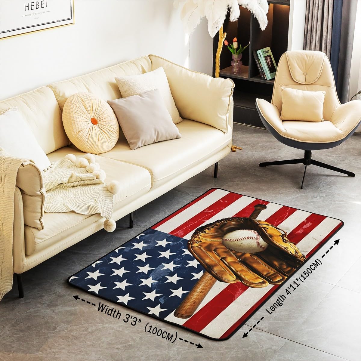 Kids Baseball Area Rug 5x7 Sports Theme Living Room Rugs for Boys Girls Room Decorations Baseball Games Decorative Carpet Retro American Flag Retro Indoor Floor Mat