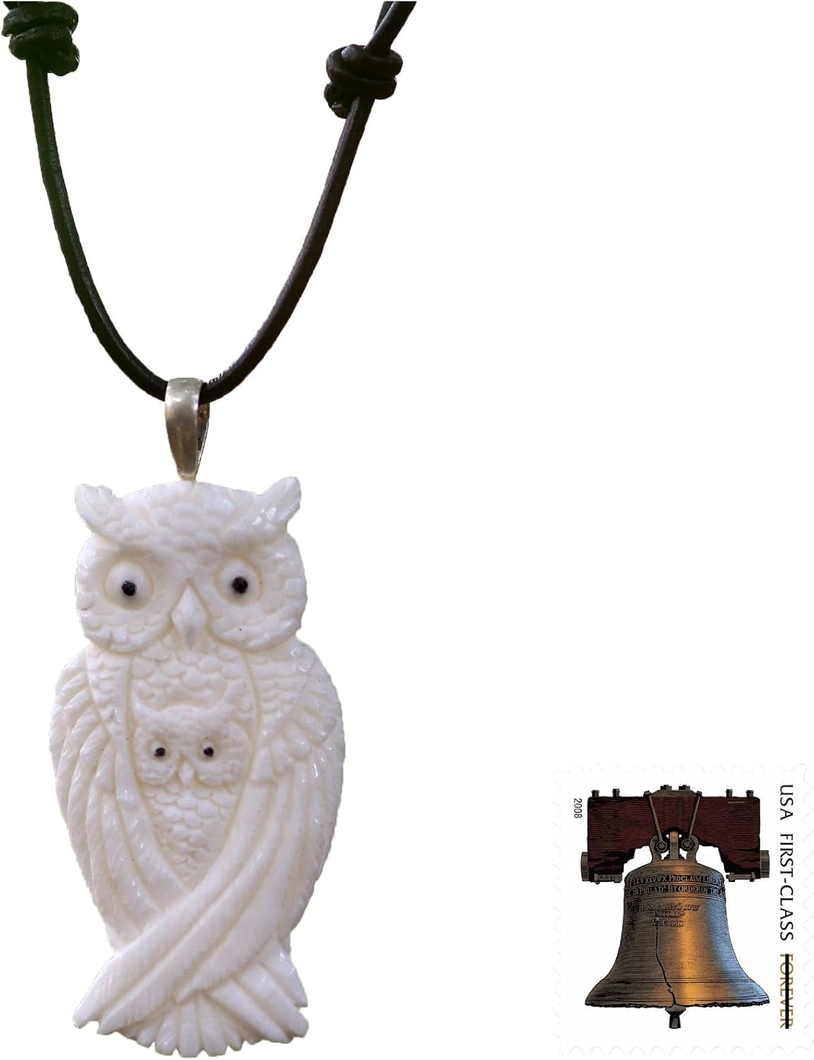 NOVICA Artisan Handmade Bone Leather Pendant Necklace Artisan Crafted Owl Family Cord Indonesia Animal Themed Bird [cord 13.5 in min L x 27.5 in max L 2 mm W Pendant(s) 2.6 in L x 1.2 in W ]
