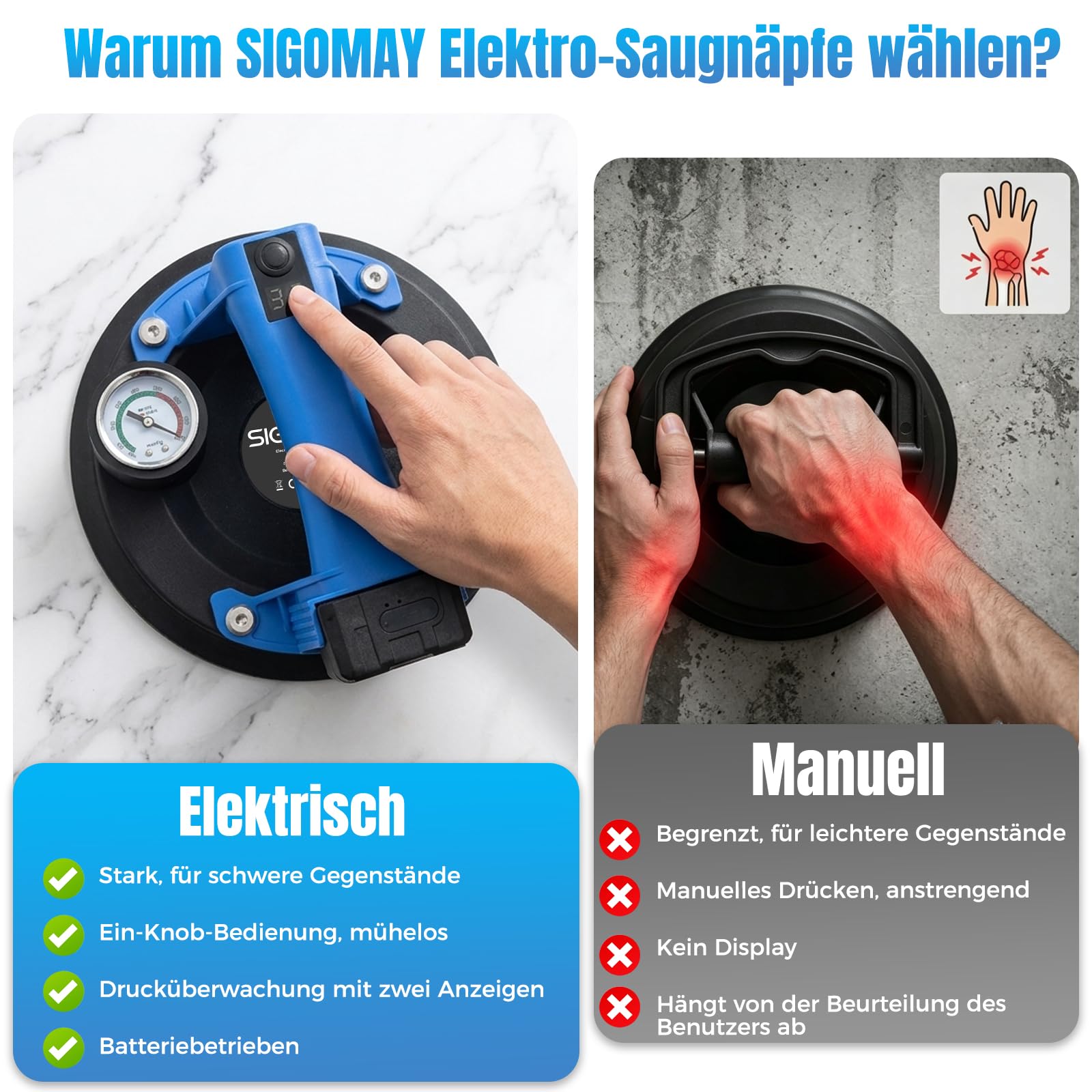 8" Akku Saugheber für Fliesen 130kg, Elektrischer Vakuumheber mit Metall-Manometer & LCD-Display, 2x Digital-Akkus (USB-Ladung), Saugheber für Glas und Glatte Oberflächen