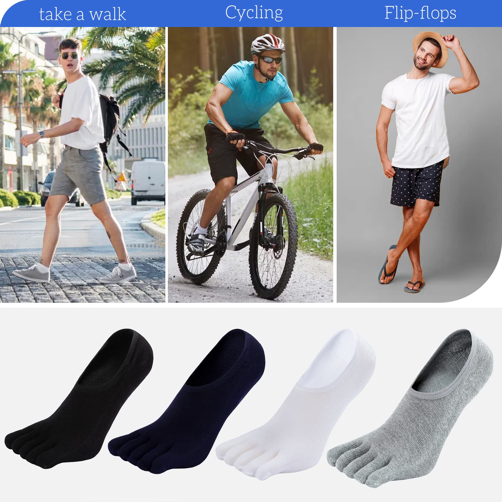 PUTUO Calcetines Invisibles de Dedos Hombre: Calcetines de Cinco Dedos Tobilleros de Algodón para Hombres Calcetines de Deporte de Corte Bajo con Silicona Antideslizante Talla 39-46, 4 Pares