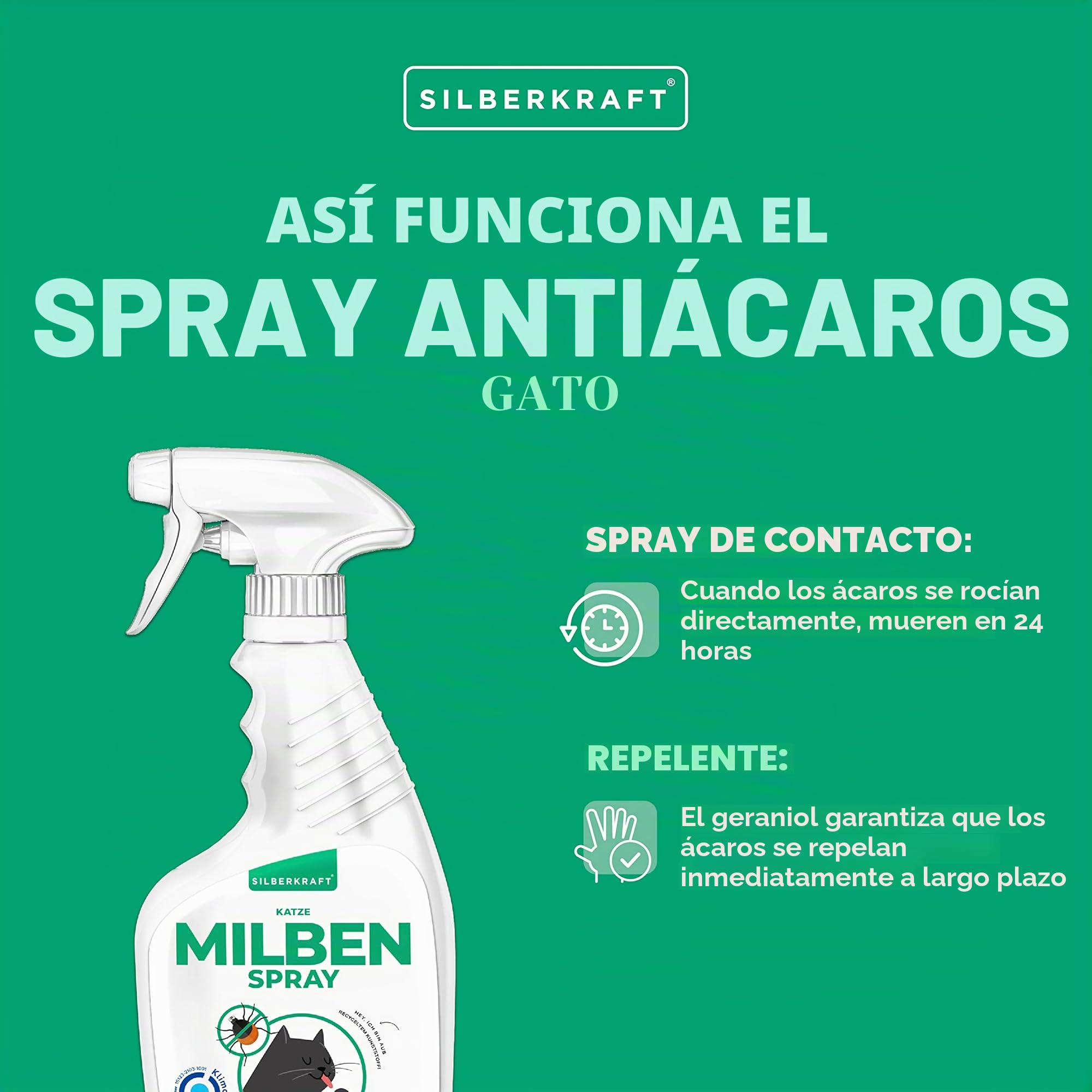 Silberkraft Spray antiácaros para gatos, 500 ml, eficaz antiácaros, para tratar los ácaros del oído, ácaros del gato