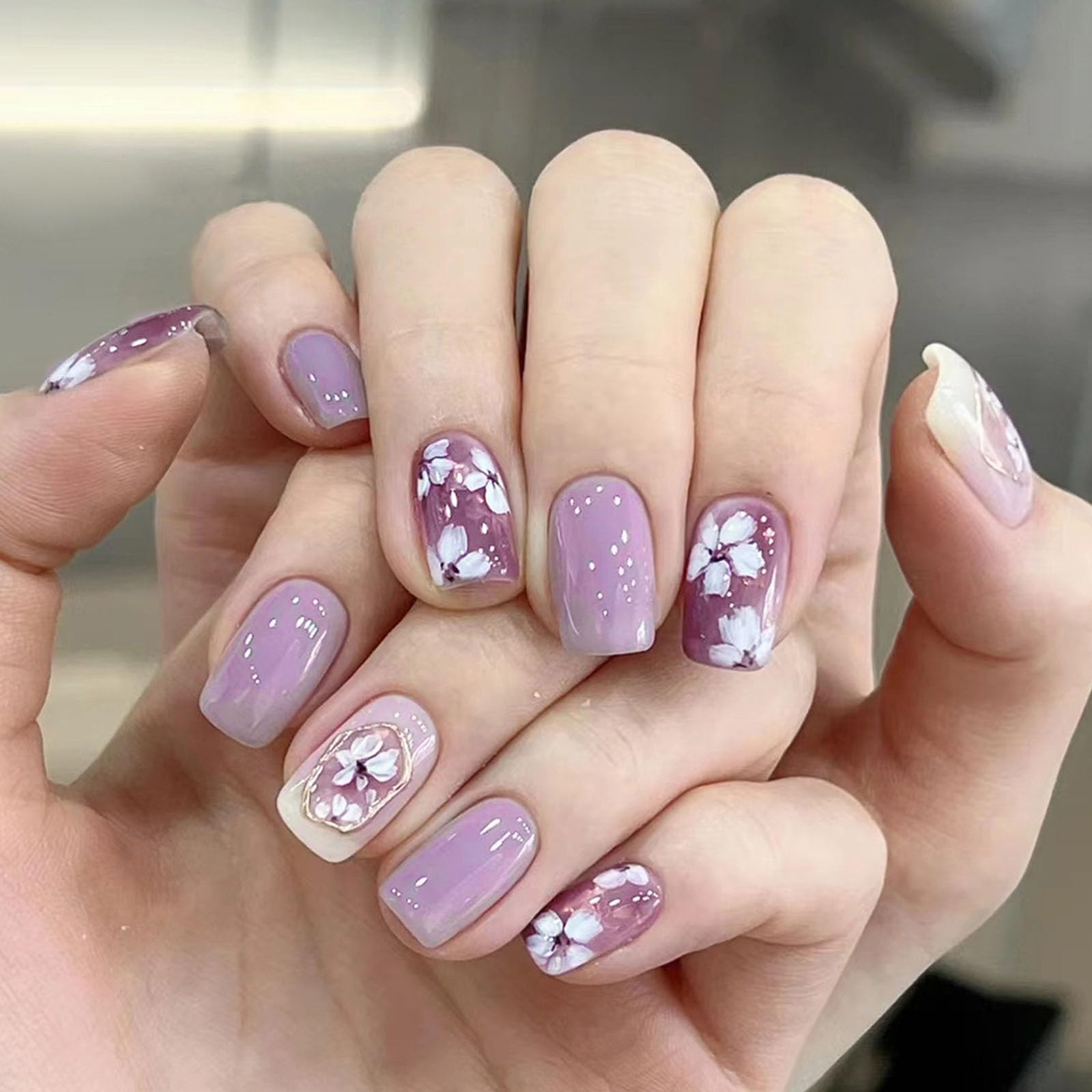 Press on Nails Square Short Fake Nails Purple Gradient Acrylic Nails Press ons Flower Golden Lines Glue on Nails Glossy Stick on Nails Artificial