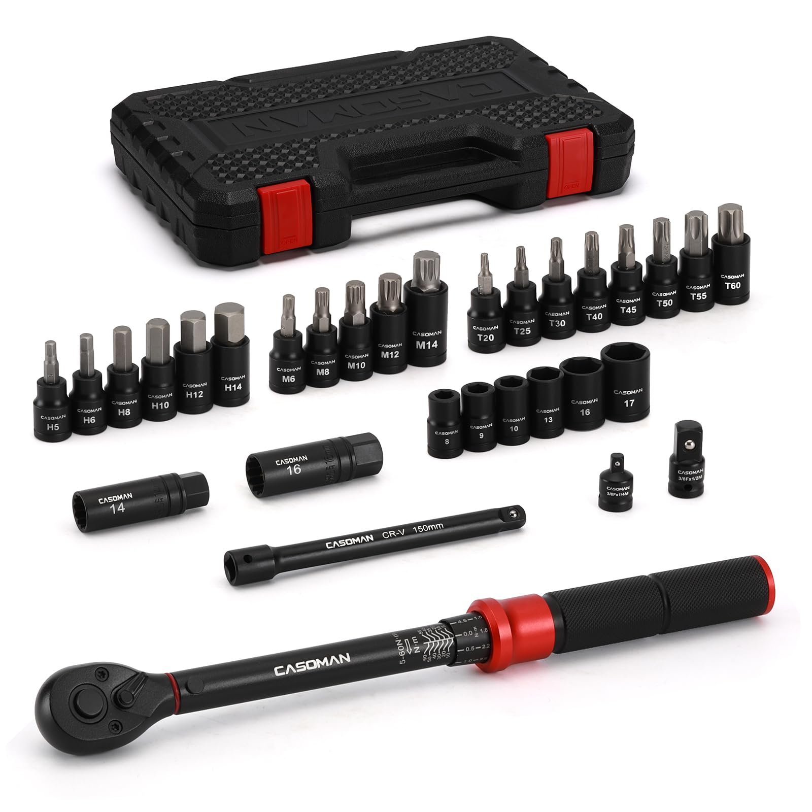 CASOMAN Lot de 31 clés dynamométriques Dr. 3/8", 5-60 Nm, 72 dents pour vélo et moto, avec barre d'extension et adaptateurs