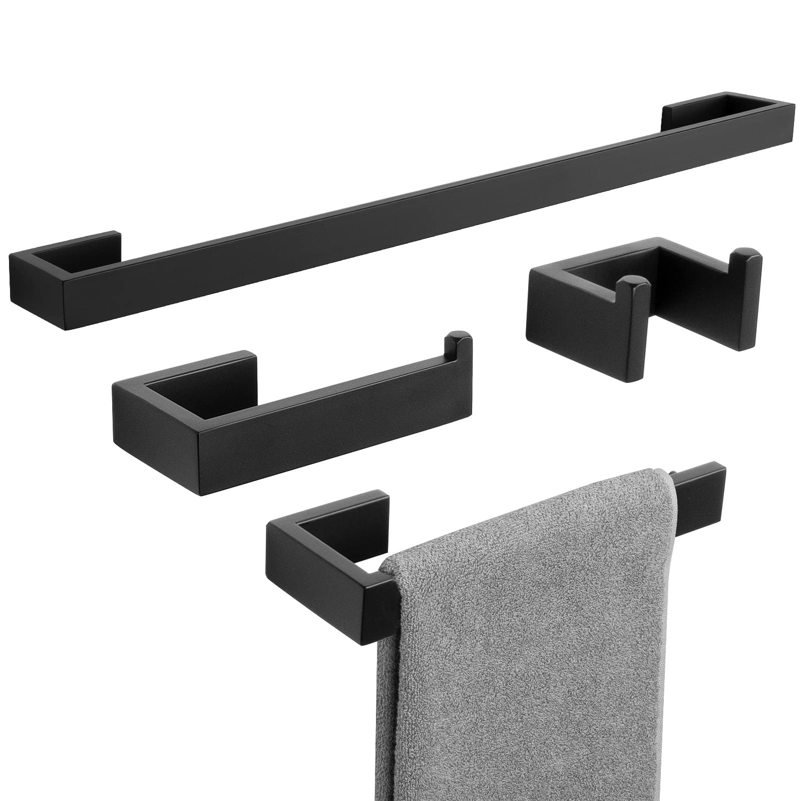 NearMoon Juego de accesorios de baño de 4 piezas de acero inoxidable 304 Barra de toalla de 24 pulgadas + soporte de toalla de mano + soporte de papel higiénico + gancho para toalla de baño moderno