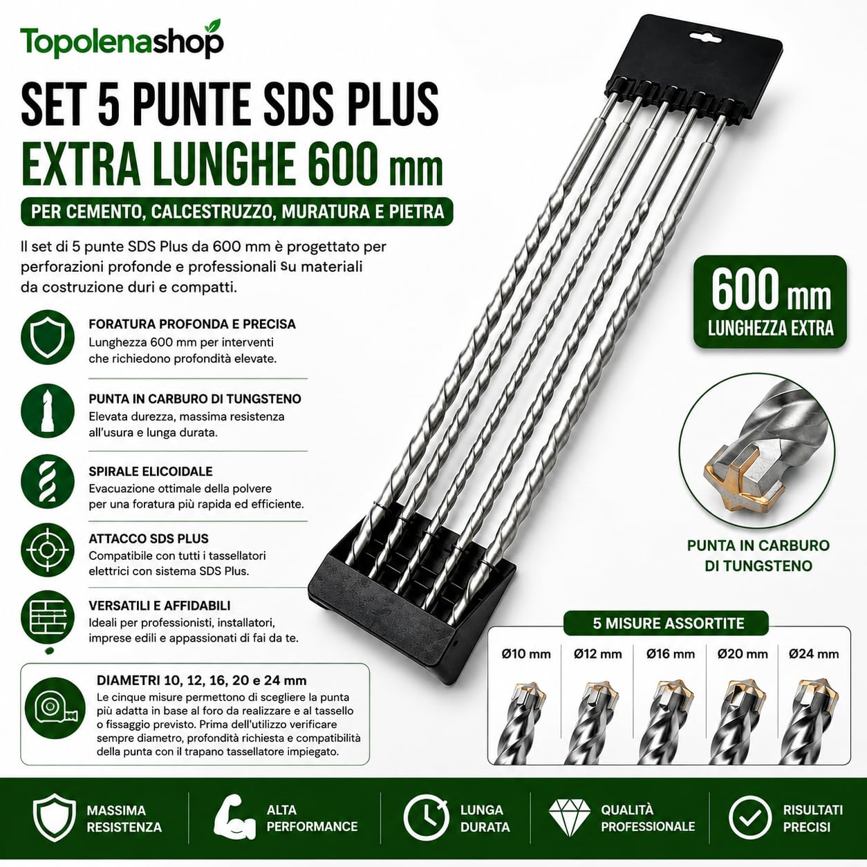 Lot de 5 forets SDS Plus 600 mm pour perceuse perforatrice - Diamètres 10, 12, 16, 20, 24 mm pour béton, pierre et béton - Haute résistance et durabilité