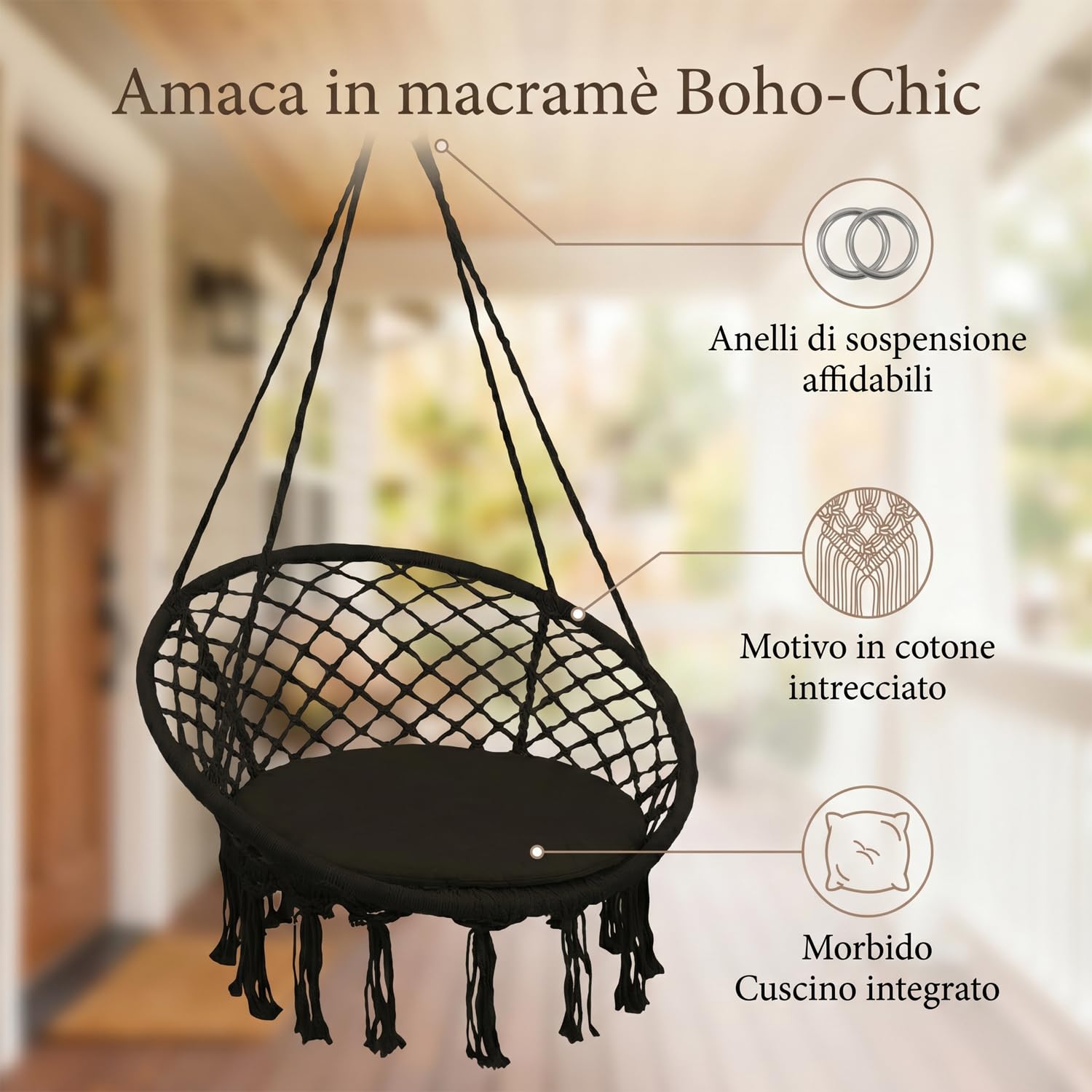 Marvin Poltrona sospesa da Giardino Polinesia Sedia a Dondolo Seduta Imbottita con Cuscino Amaca da Appendere 60x80 cm Tessuto Resistente (Nero)