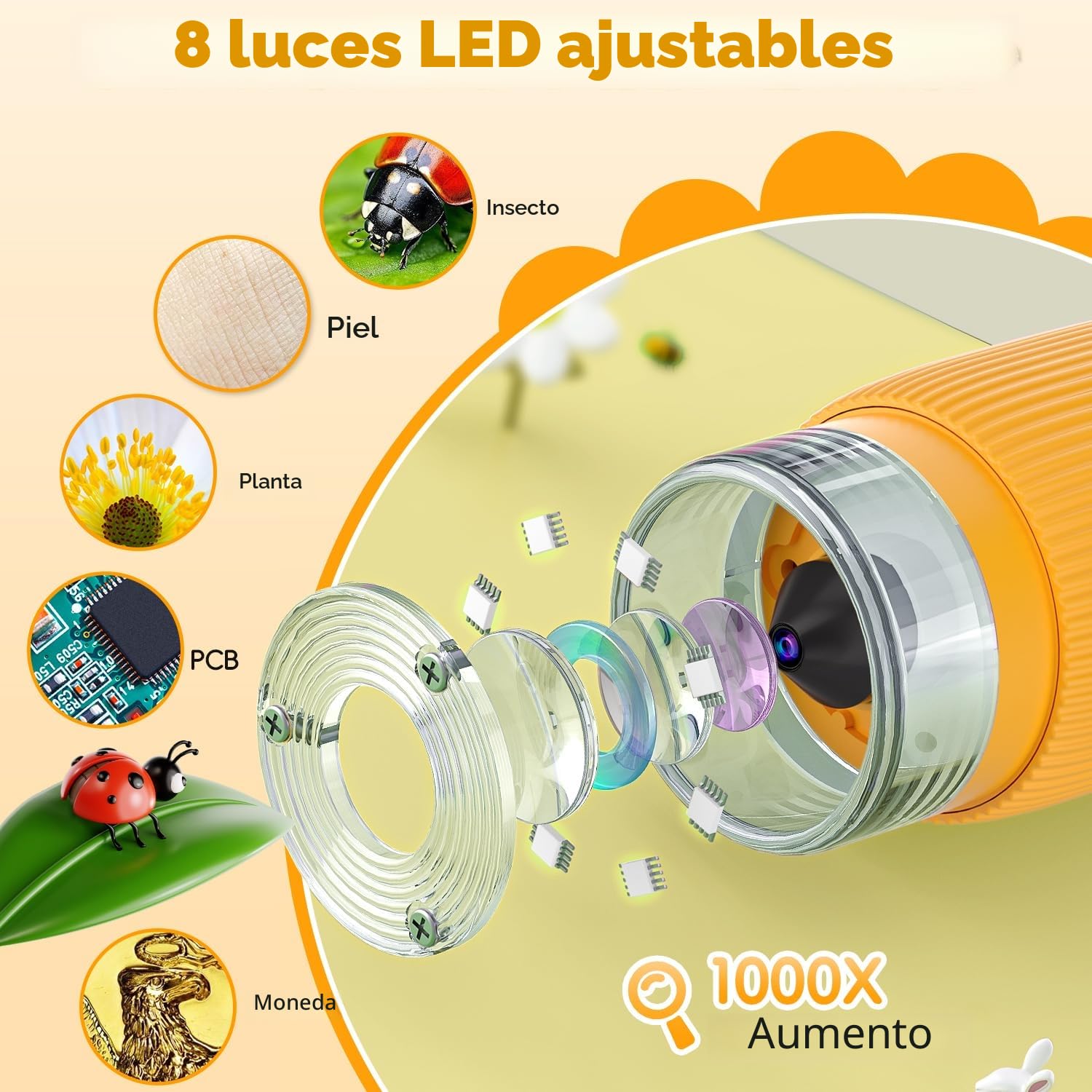 Microscopio Digital,Ahalfcit Microscopio Infantil,Microscopio Electrónico,Cámara con Zoom 1000x y Pantalla de 2 Pulgadas,Regalo de Cumpleaños para 3-12 Años,Juguetes Educativos de Ciencia-Naranja