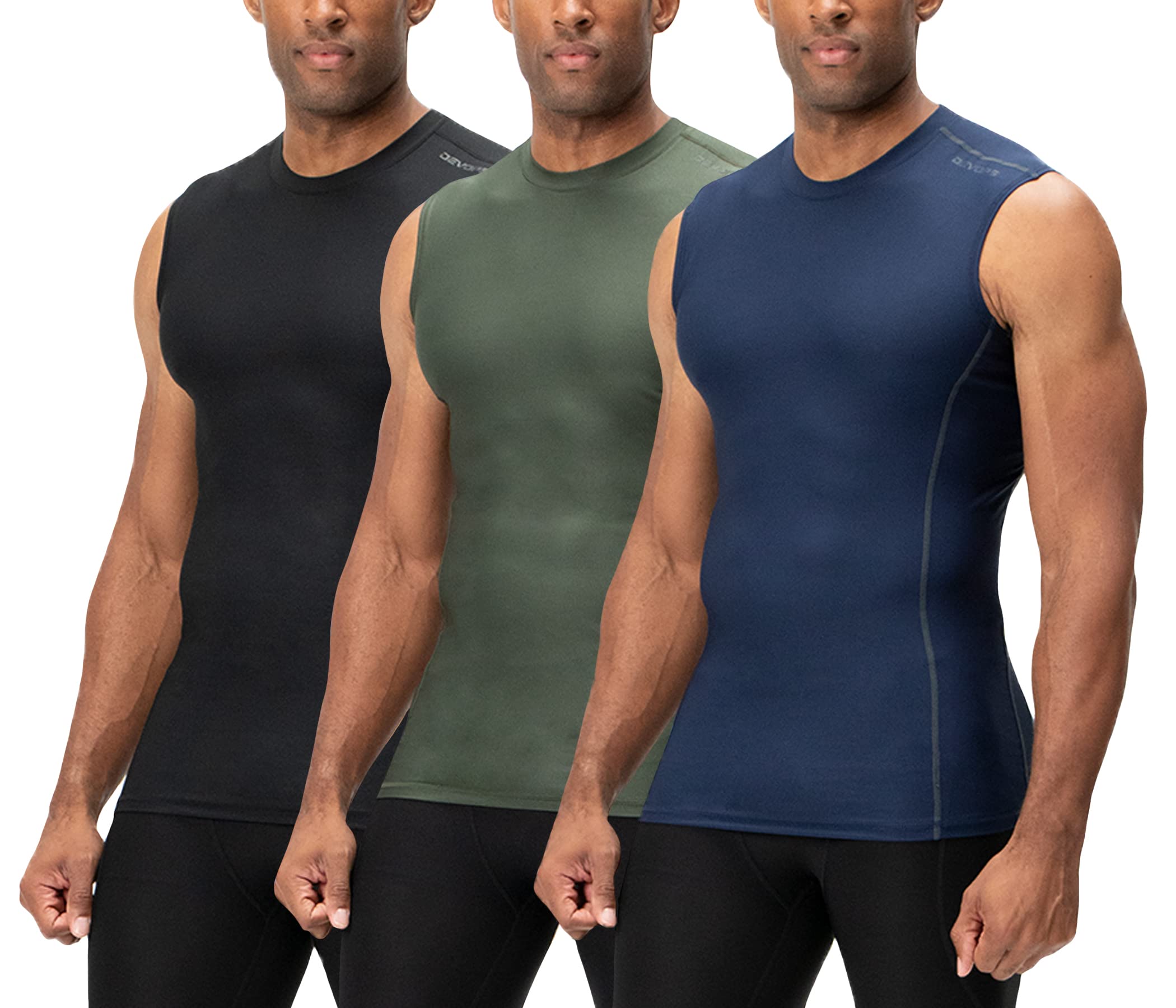 DEVOPS 3 Pack Men's Compression Shirts Sleeveless Workout Tank Top Baselayer for Gym Training, Running, Moisture Wicking