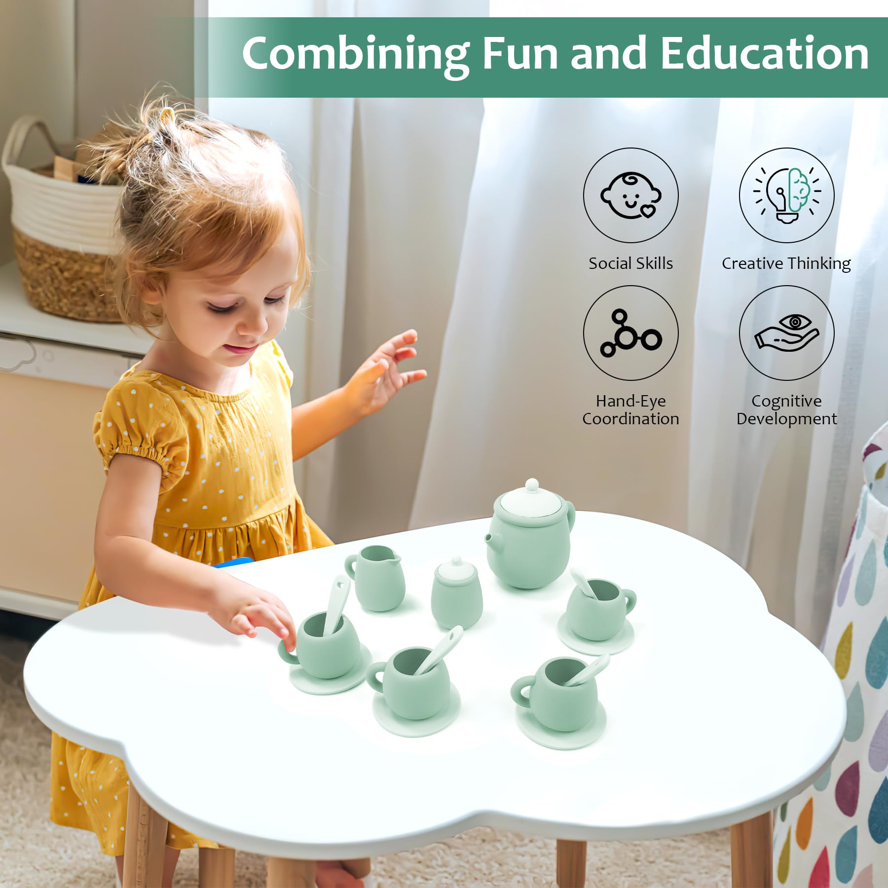 MCGMITT Set da Tè per Bambini 15 Pezzi, Servizio da Tè in Silicone Senza BPA, Gioco di Imitazione Tea Party Accessori Cucina con Teiera Tazze Giochi Educativi Montessori Regalo Bambina Bambino 3+ Anni